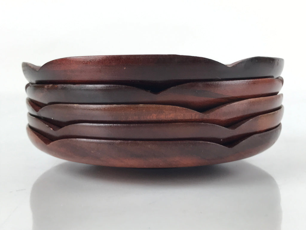 Japanese Brushed Lacquer Wooden Drink Saucer Vtg Chataku Coaster 5pc Brown L131