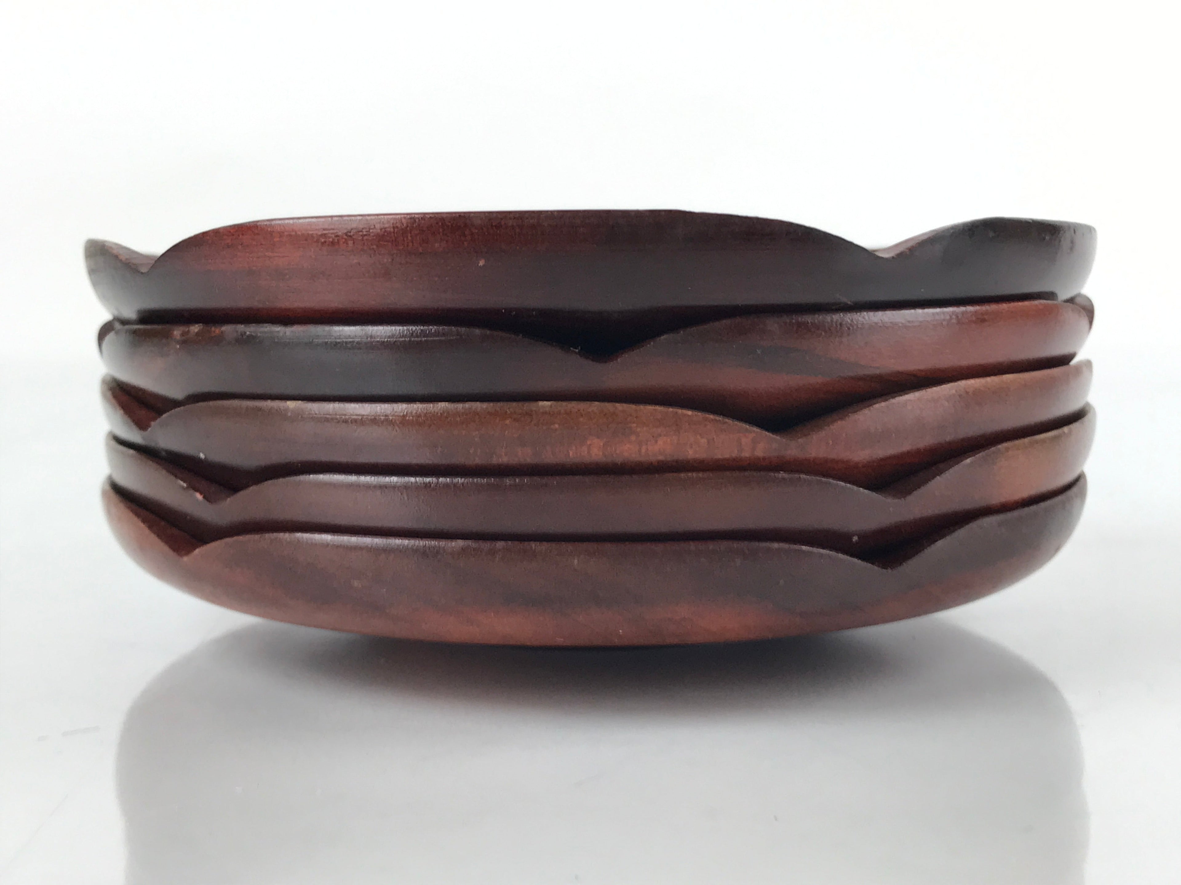 Japanese Brushed Lacquer Wooden Drink Saucer Vtg Chataku Coaster 5pc Brown L131