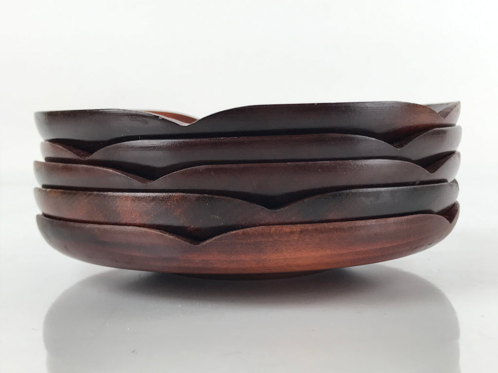 Japanese Brushed Lacquer Wooden Drink Saucer Vtg Chataku Coaster 5pc Brown L131