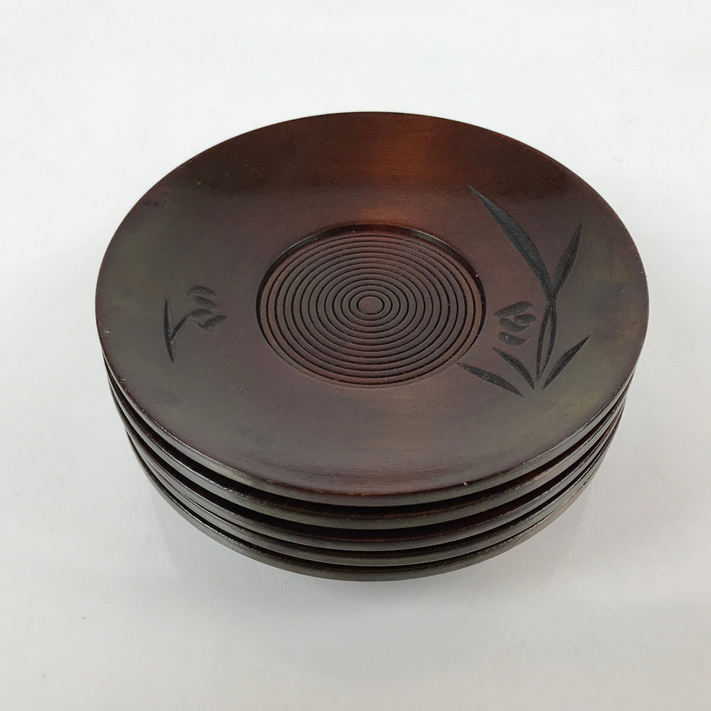Japanese Brushed Lacquer Wooden Drink Saucer Vtg Chataku Coaster 5pc Brown L233