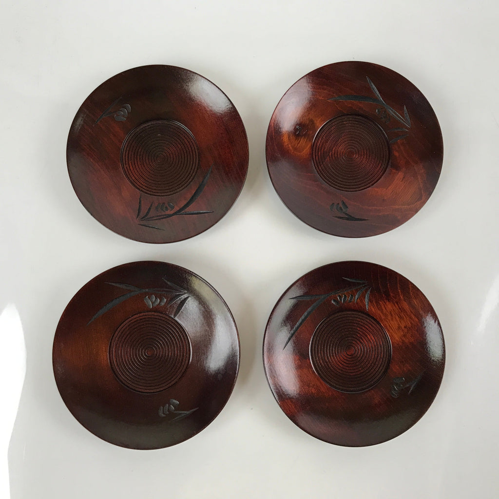 Japanese Brushed Lacquer Wooden Drink Saucer Vtg Chataku Coaster 5pc Brown L233