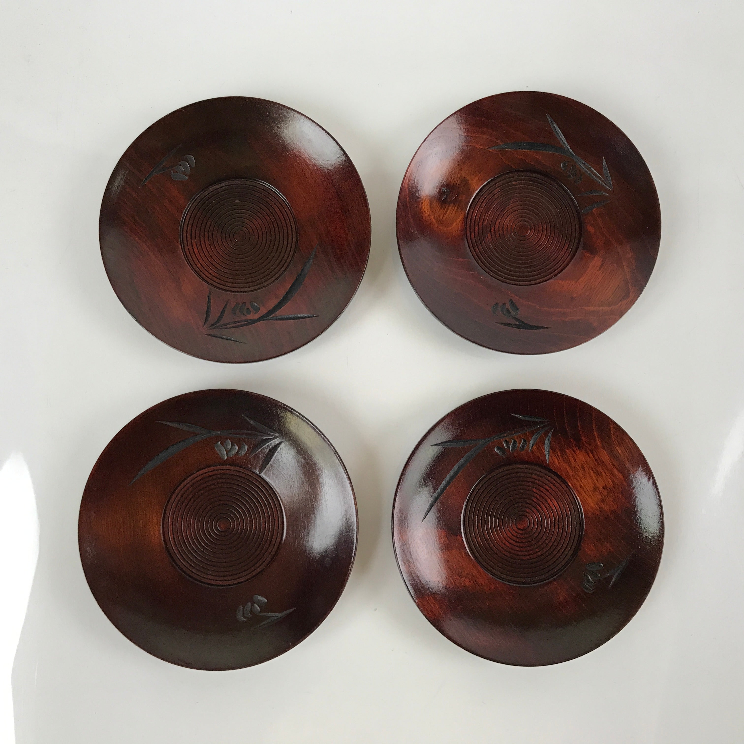 Japanese Brushed Lacquer Wooden Drink Saucer Vtg Chataku Coaster 5pc Brown L233