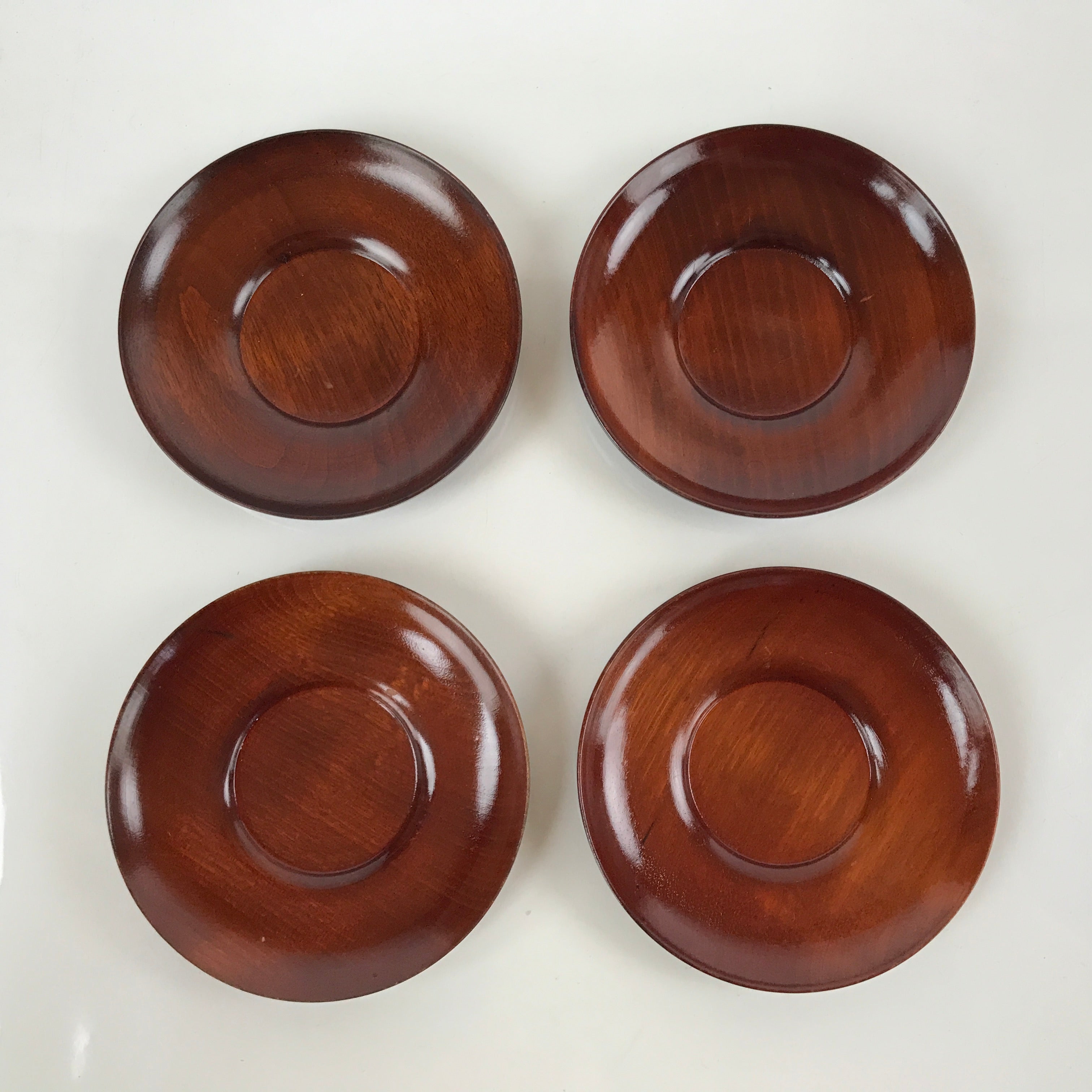Japanese Brushed Lacquer Wooden Drink Saucer Vtg Chataku Coaster 5pc Brown L237