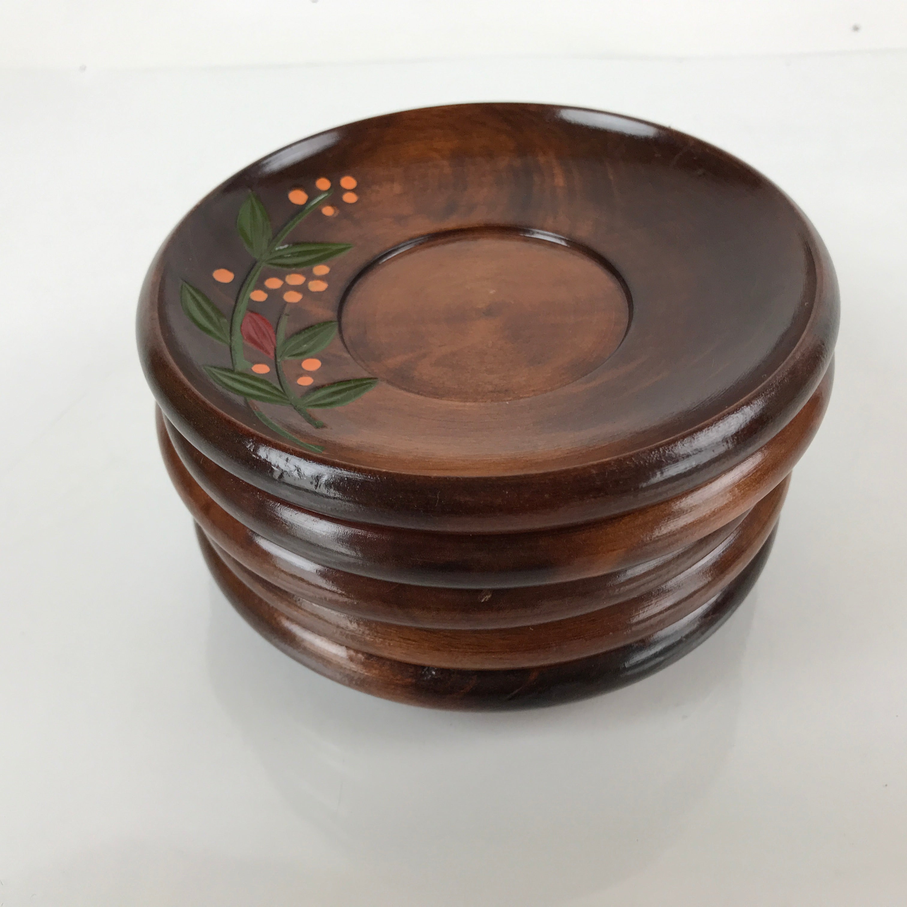 Japanese Brushed Lacquer Wooden Drink Saucer Vtg Chataku Coaster 5pc Brown L238