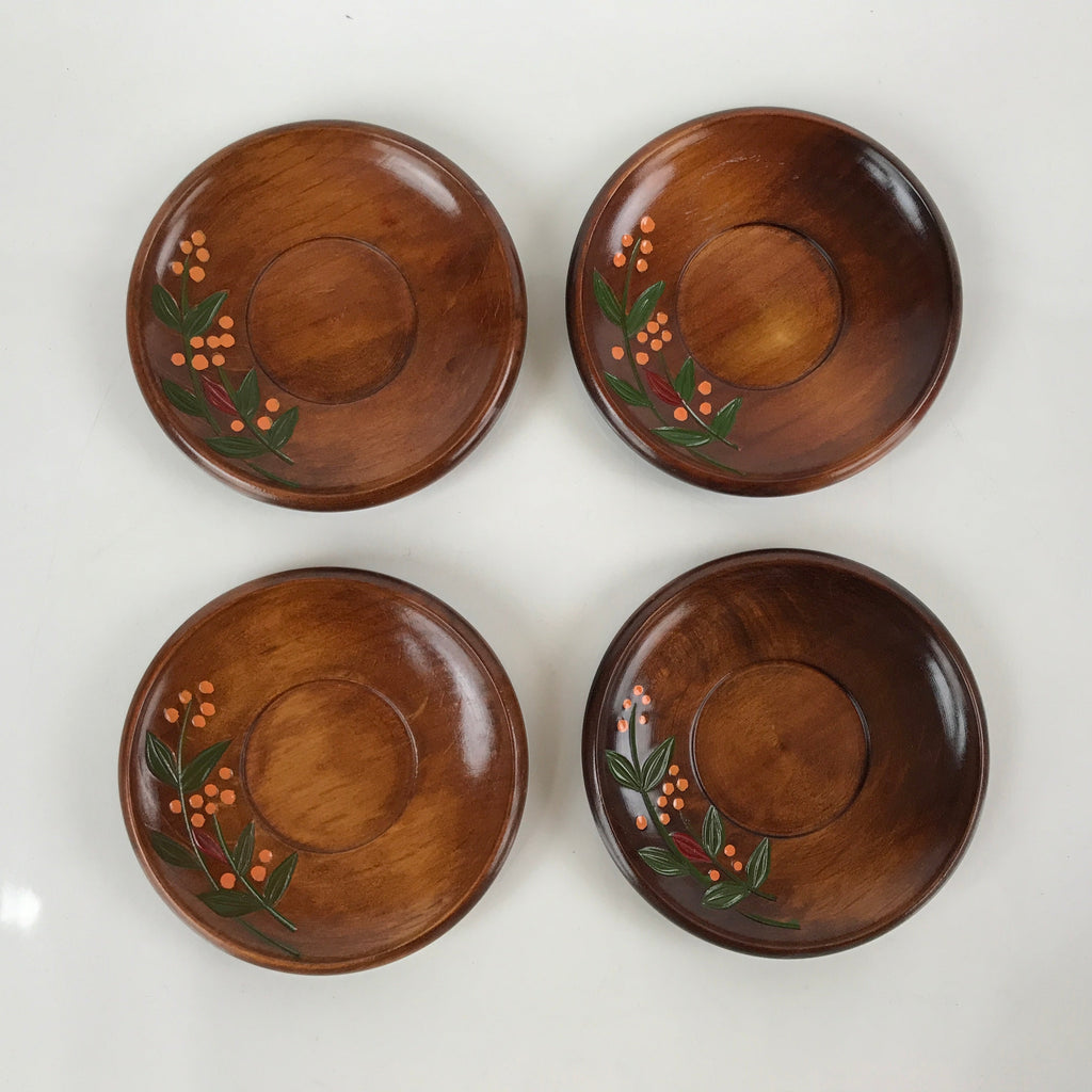 Japanese Brushed Lacquer Wooden Drink Saucer Vtg Chataku Coaster 5pc Brown L238