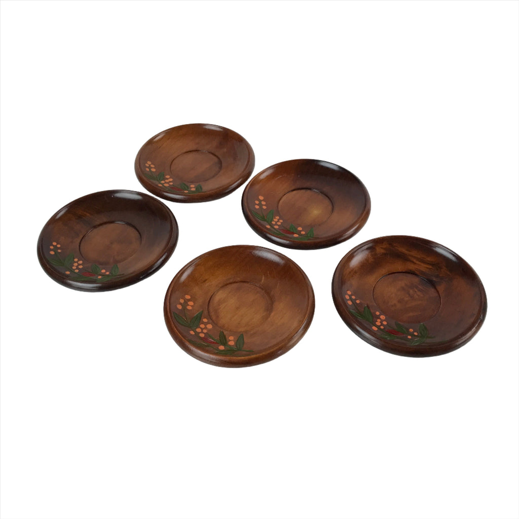 Japanese Brushed Lacquer Wooden Drink Saucer Vtg Chataku Coaster 5pc Brown L238