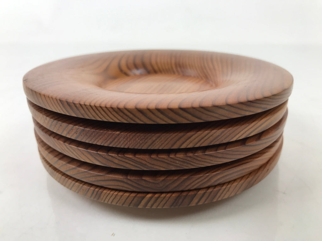 Japanese Brushed Lacquer Wooden Drink Saucer Vtg Chataku Coaster 5pc Brown L375