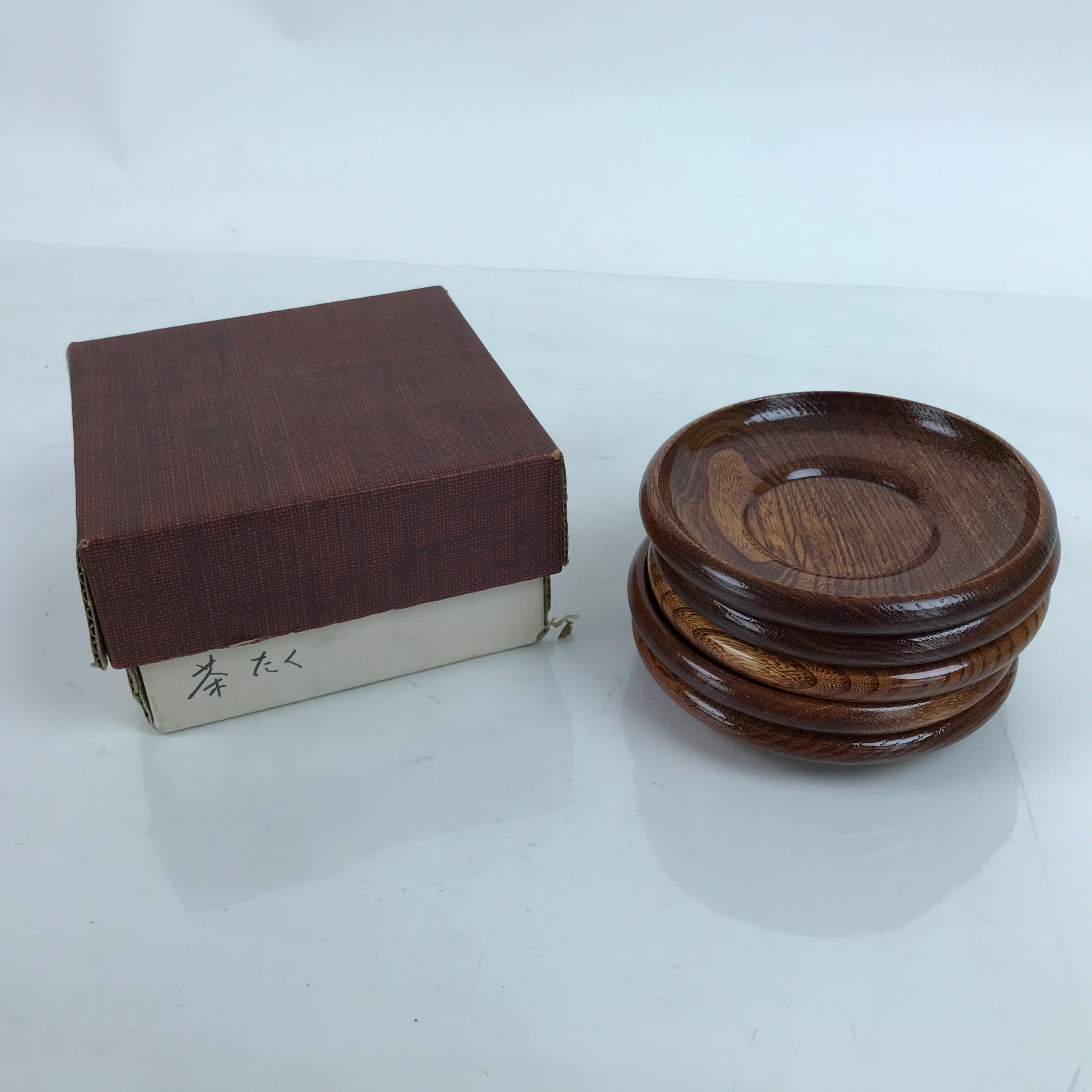 Japanese Brushed Lacquer Wooden Drink Saucer Vtg Chataku Coaster 5pc Set LWB101