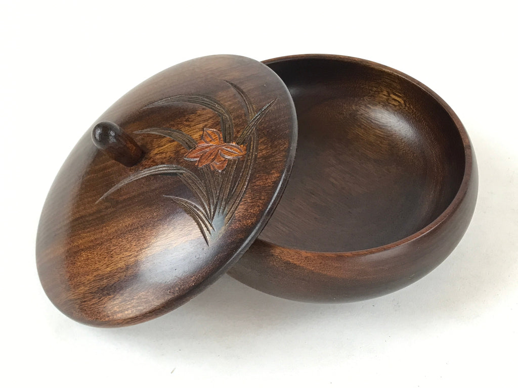 Japanese Brushed Lacquer Wooden Lidded Bowl Kashiki Vtg Tea Ceremony Iris L120