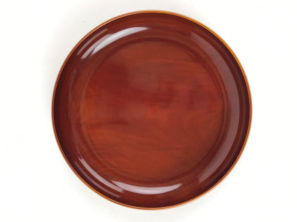 Japanese Brushed Lacquer Wooden Round Serving Plate Vtg Brown Shunkei Box L31