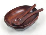 Japanese Brushed Lacquer Wooden Salad Serving Bowl Vtg Dish Utensils Brown L448