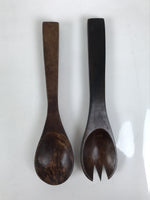 Japanese Brushed Lacquer Wooden Salad Serving Bowl Vtg Dish Utensils Brown L449