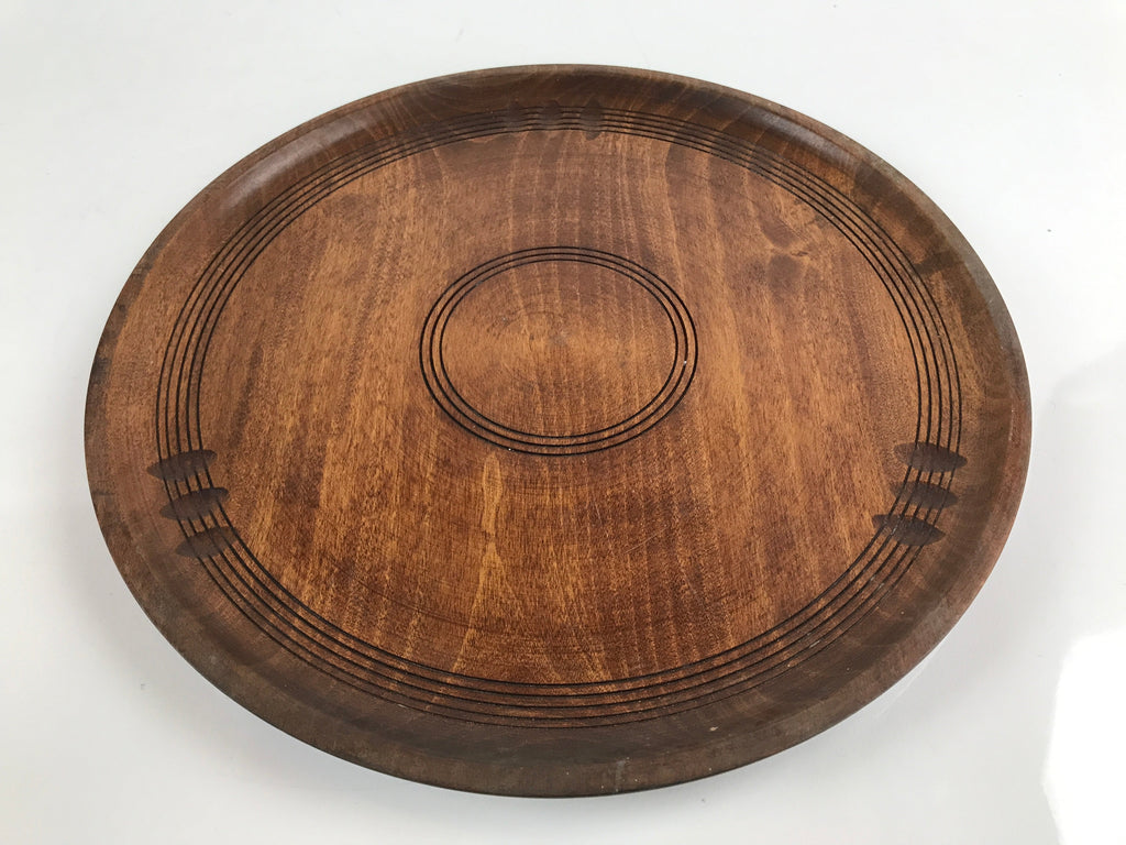 Japanese Brushed Lacquer Wooden Serving Tray Vtg Large Round Obon Brown L257