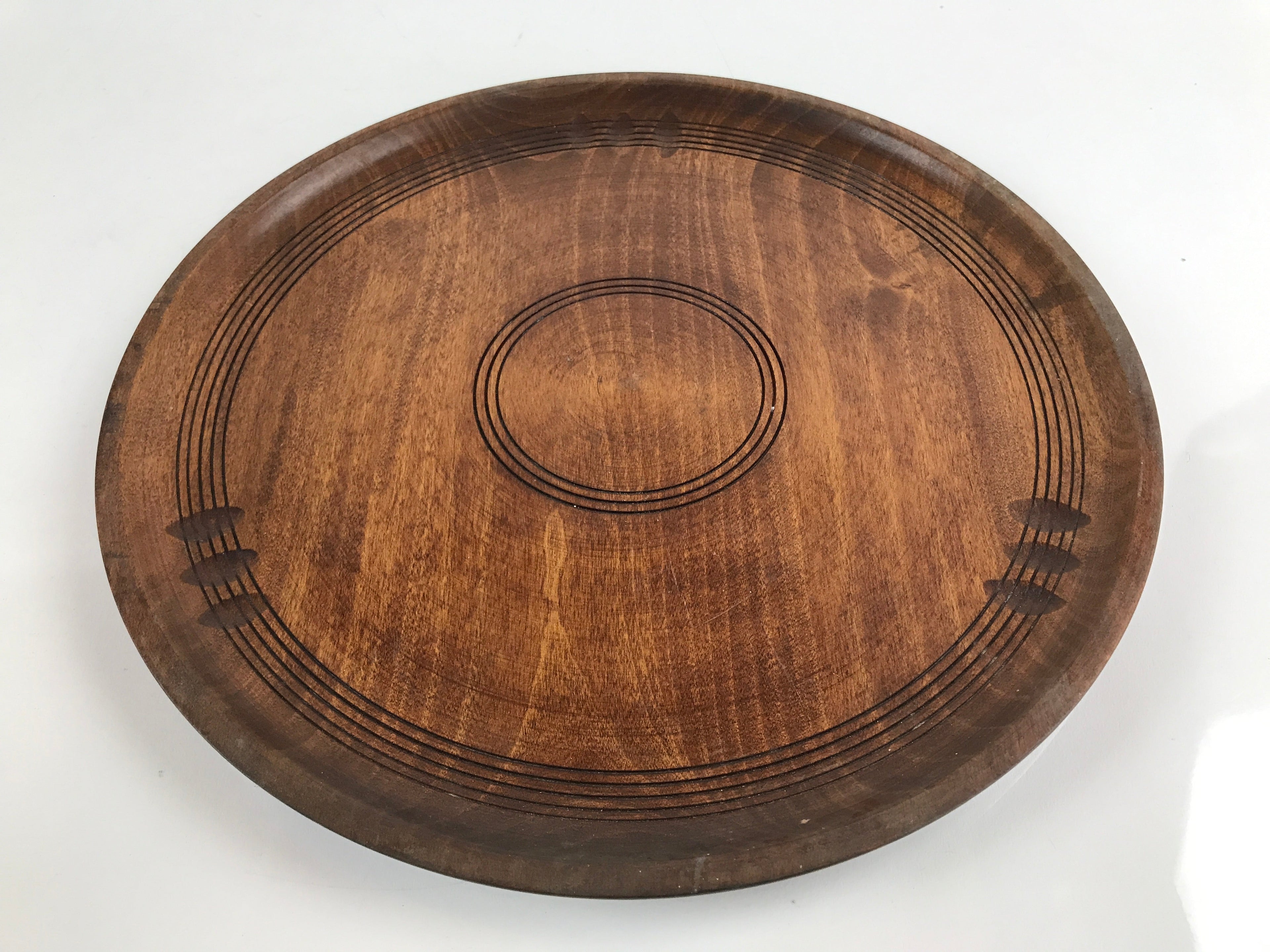 Japanese Brushed Lacquer Wooden Serving Tray Vtg Large Round Obon Brown L257