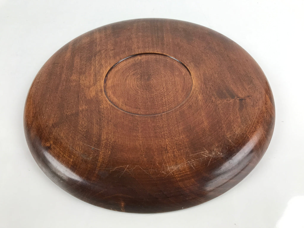 Japanese Brushed Lacquer Wooden Serving Tray Vtg Large Round Obon Brown L257