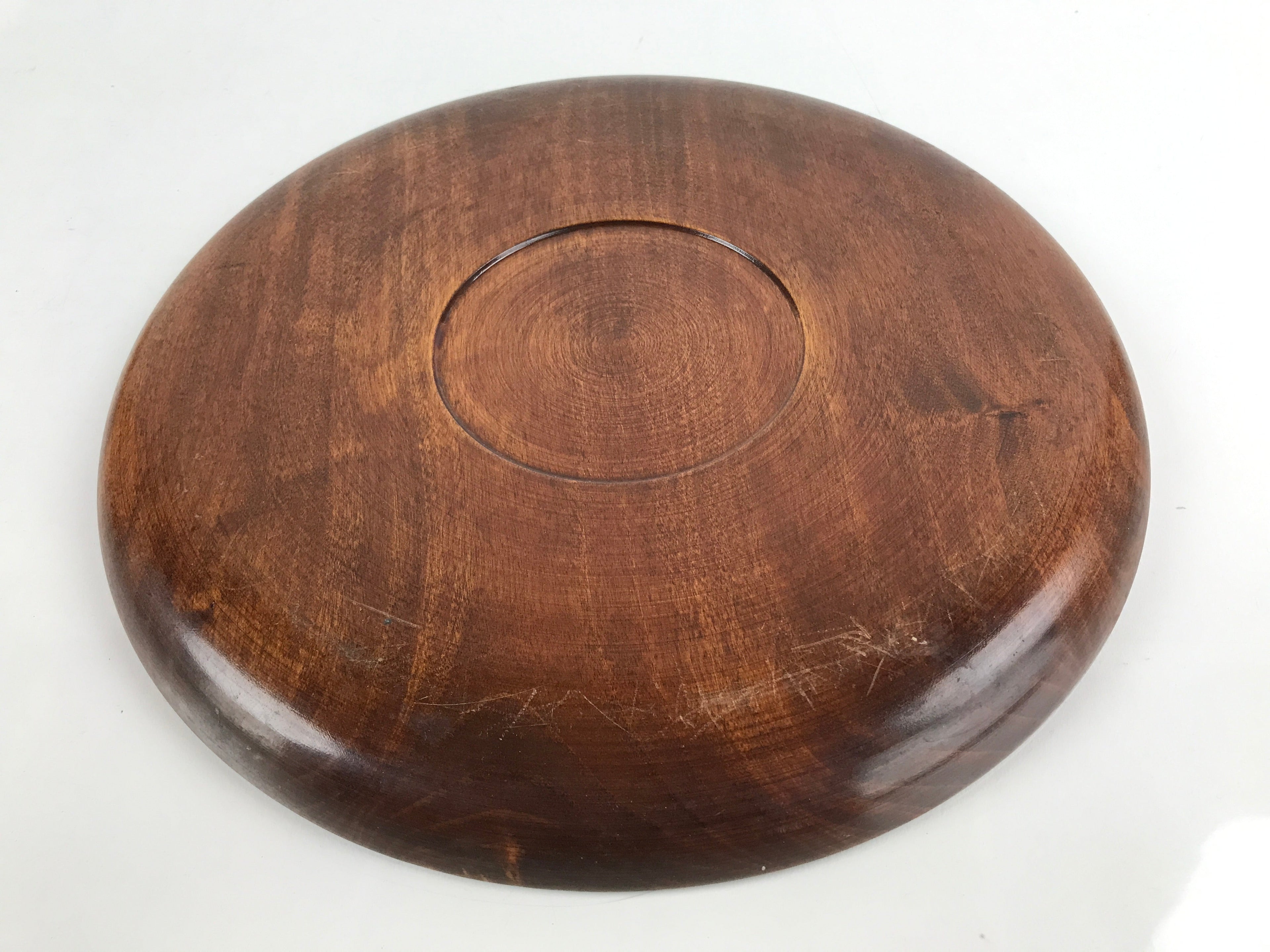 Japanese Brushed Lacquer Wooden Serving Tray Vtg Large Round Obon Brown L257