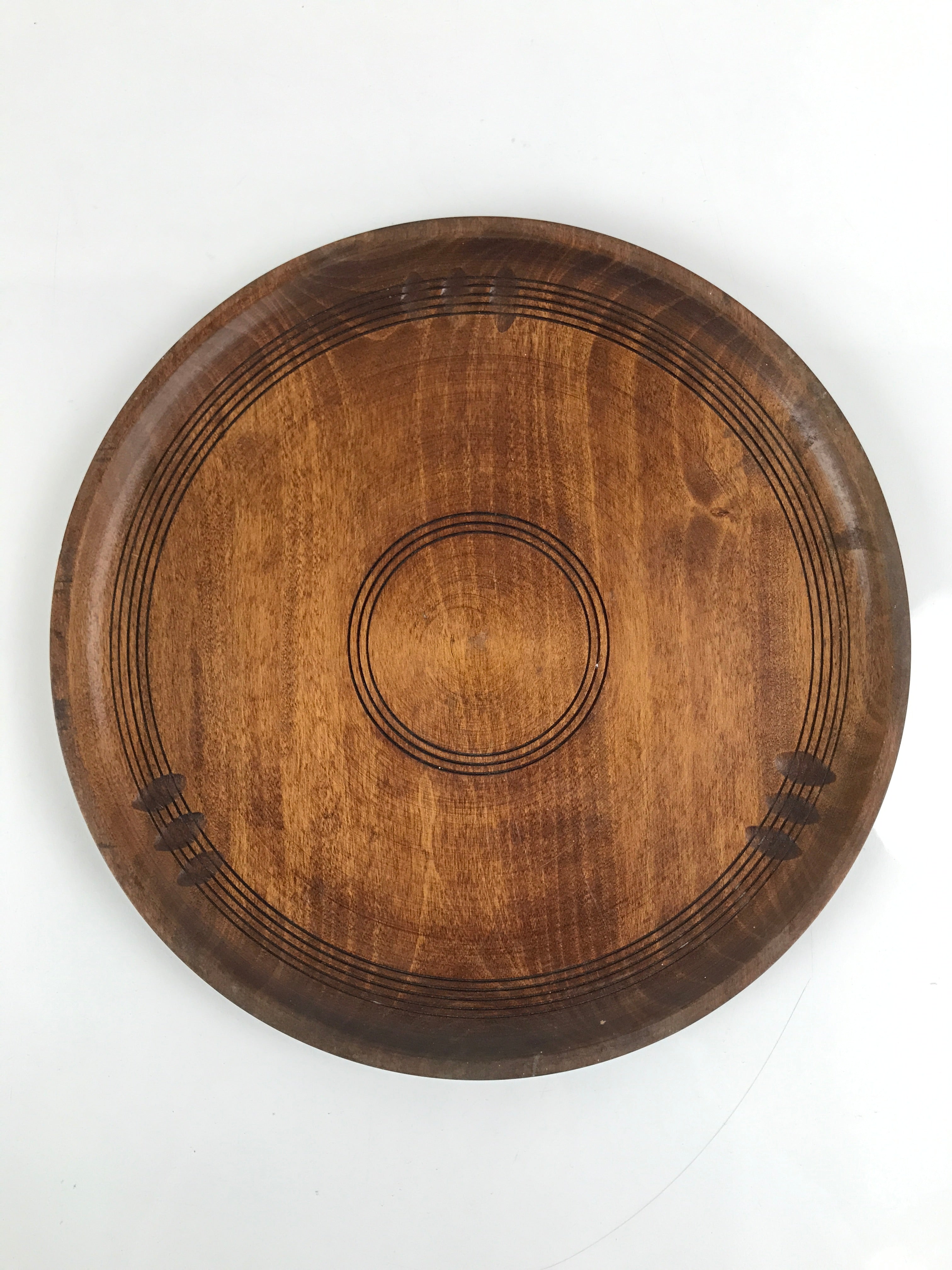 Japanese Brushed Lacquer Wooden Serving Tray Vtg Large Round Obon Brown L257