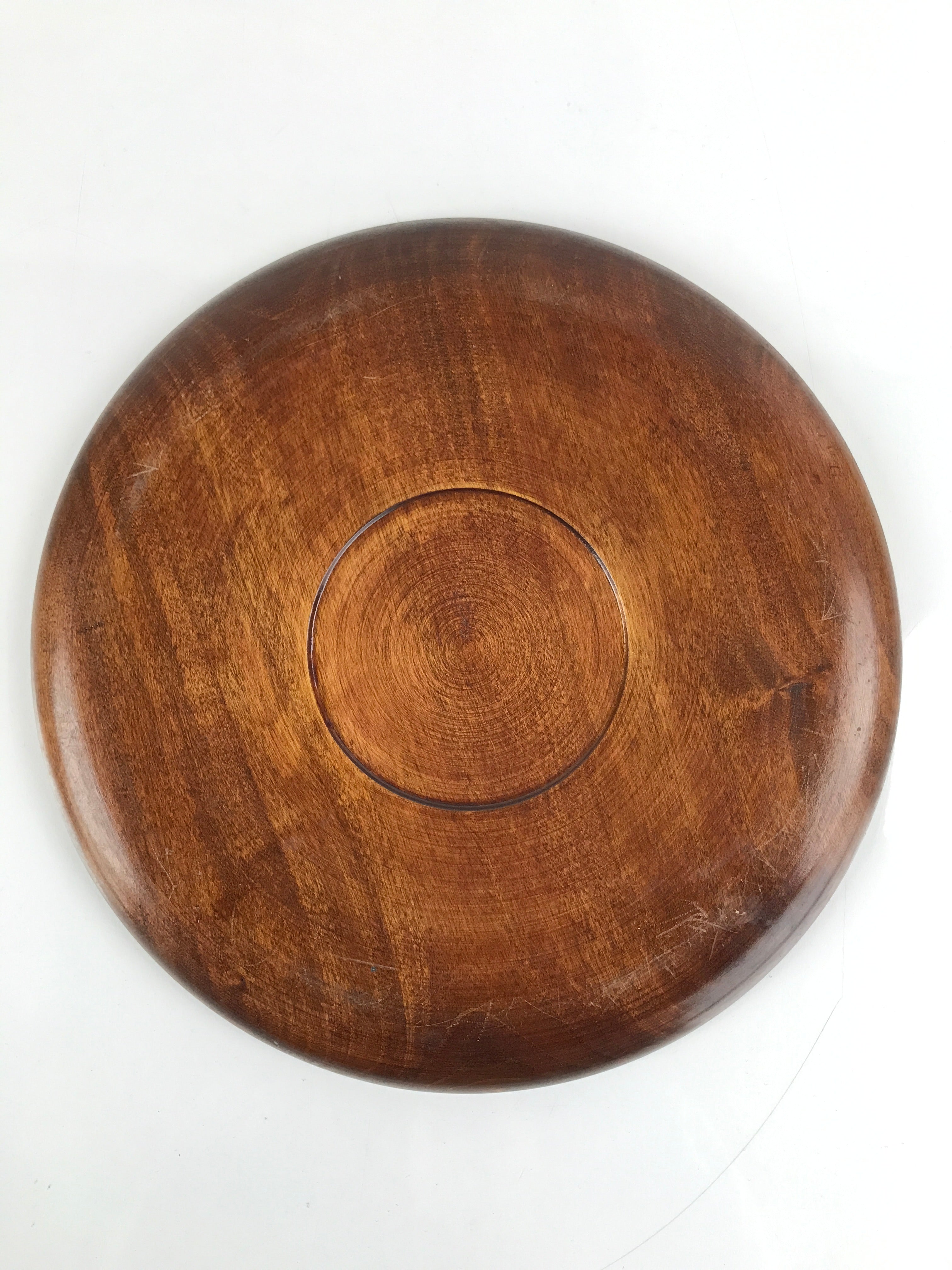 Japanese Brushed Lacquer Wooden Serving Tray Vtg Large Round Obon Brown L257