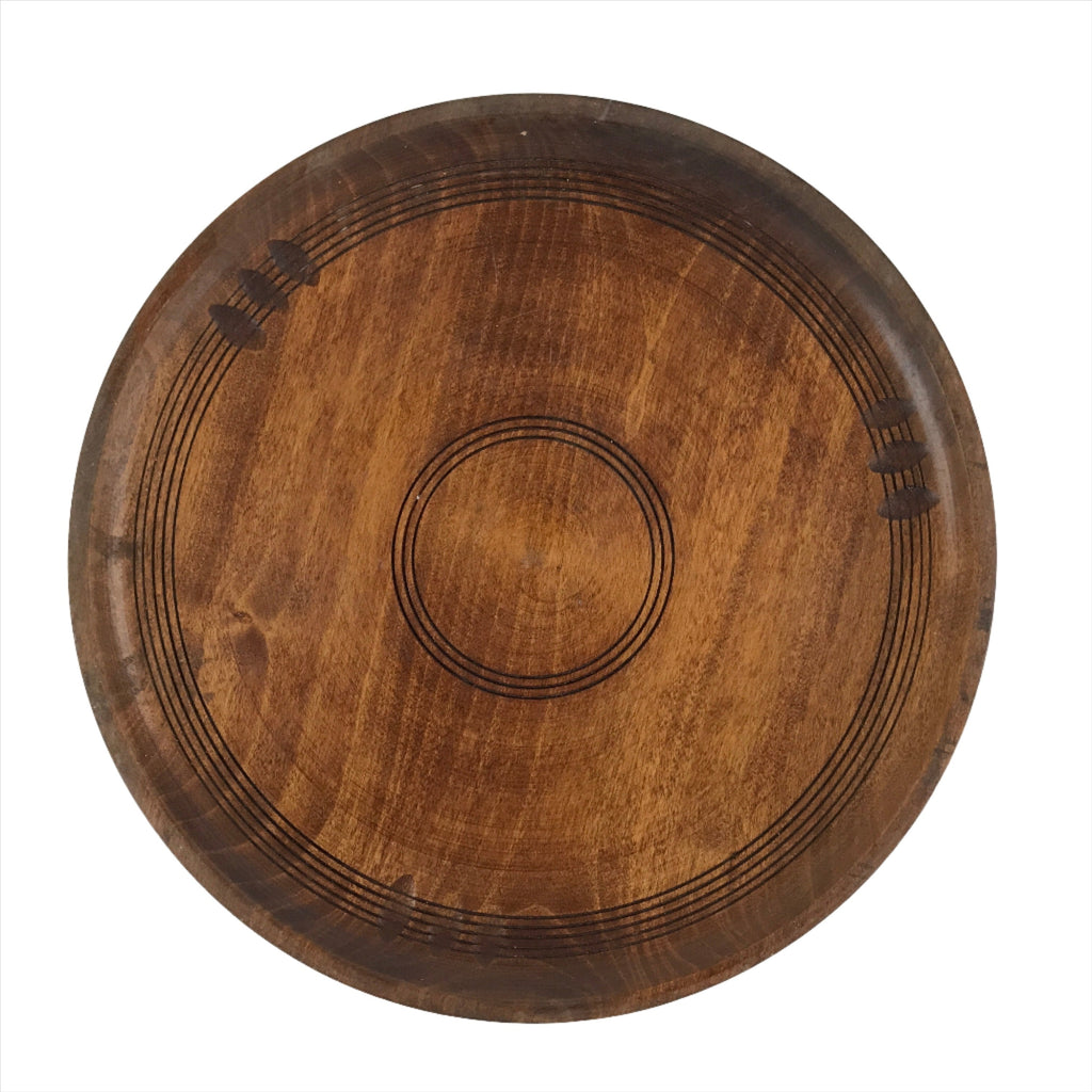 Japanese Brushed Lacquer Wooden Serving Tray Vtg Large Round Obon Brown L257