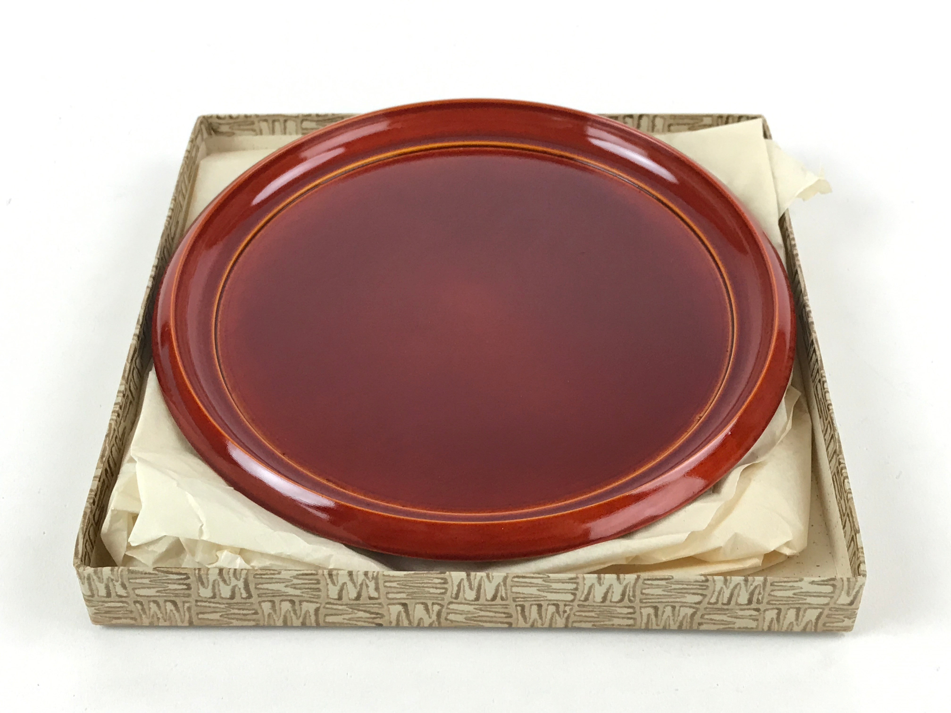 Japanese Brushed Lacquer Wooden Serving Tray Vtg Round Brown Shunkei Obon L36