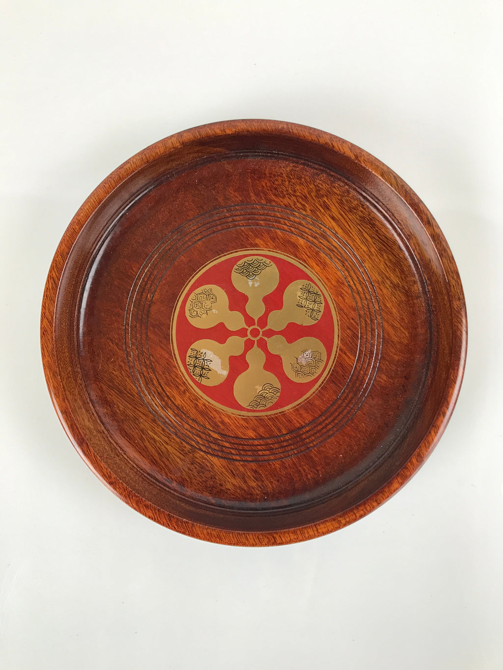 Japanese Brushed Lacquer Wooden Serving Tray Vtg Round Obon Hyotan Gourd L140