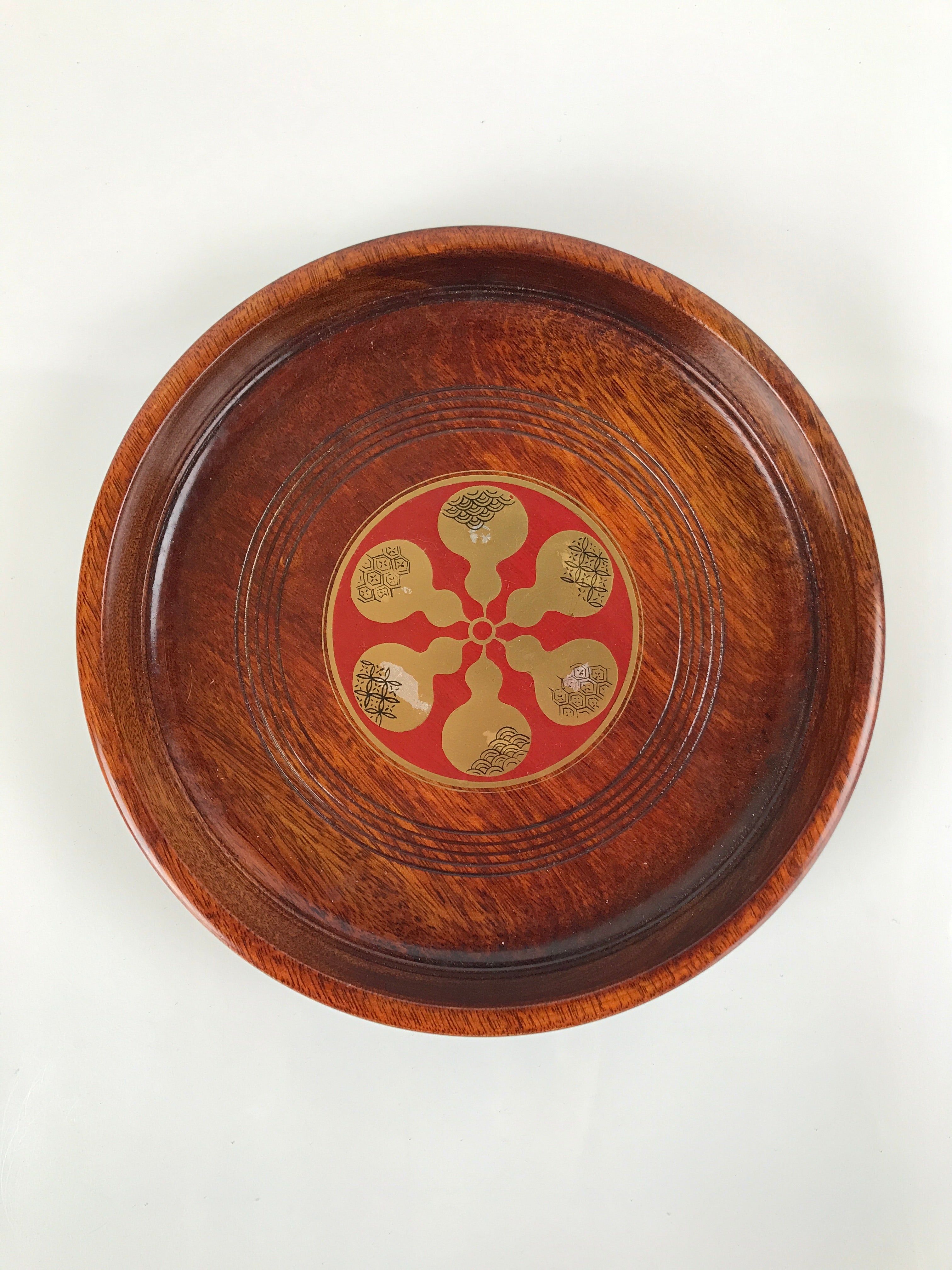 Japanese Brushed Lacquer Wooden Serving Tray Vtg Round Obon Hyotan Gourd L140