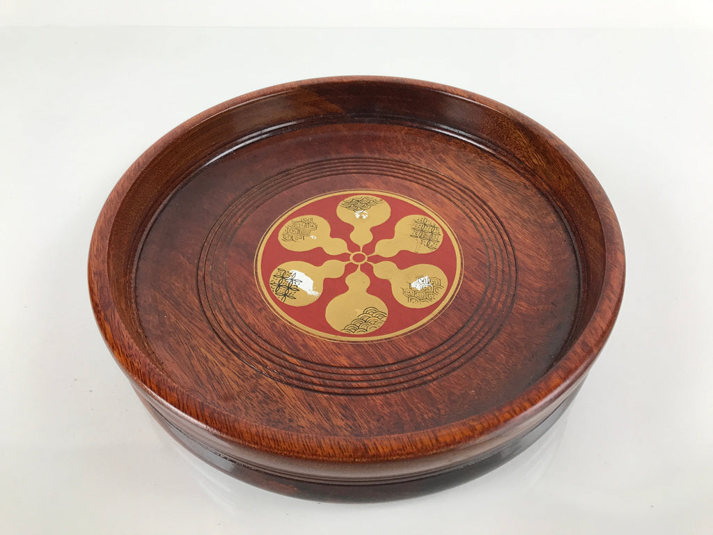 Japanese Brushed Lacquer Wooden Serving Tray Vtg Round Obon Hyotan Gourd L140