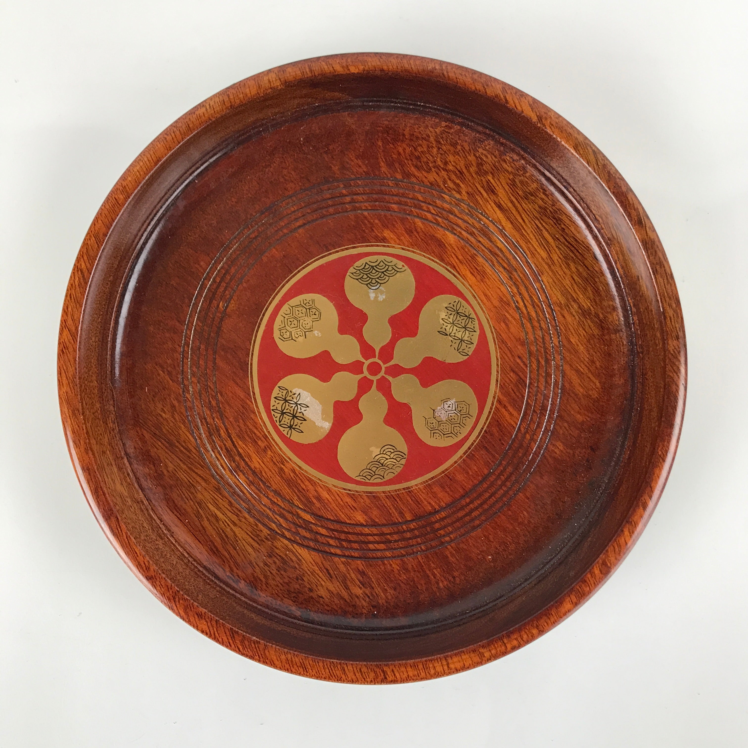 Japanese Brushed Lacquer Wooden Serving Tray Vtg Round Obon Hyotan Gourd L140