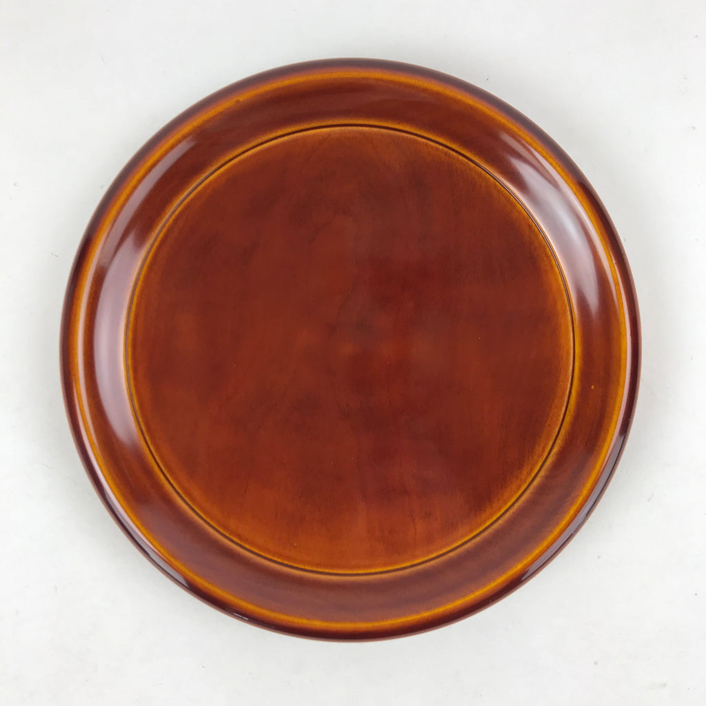 Japanese Brushed Lacquer Wooden Serving Tray Vtg Shunkei Round Obon Brown L35