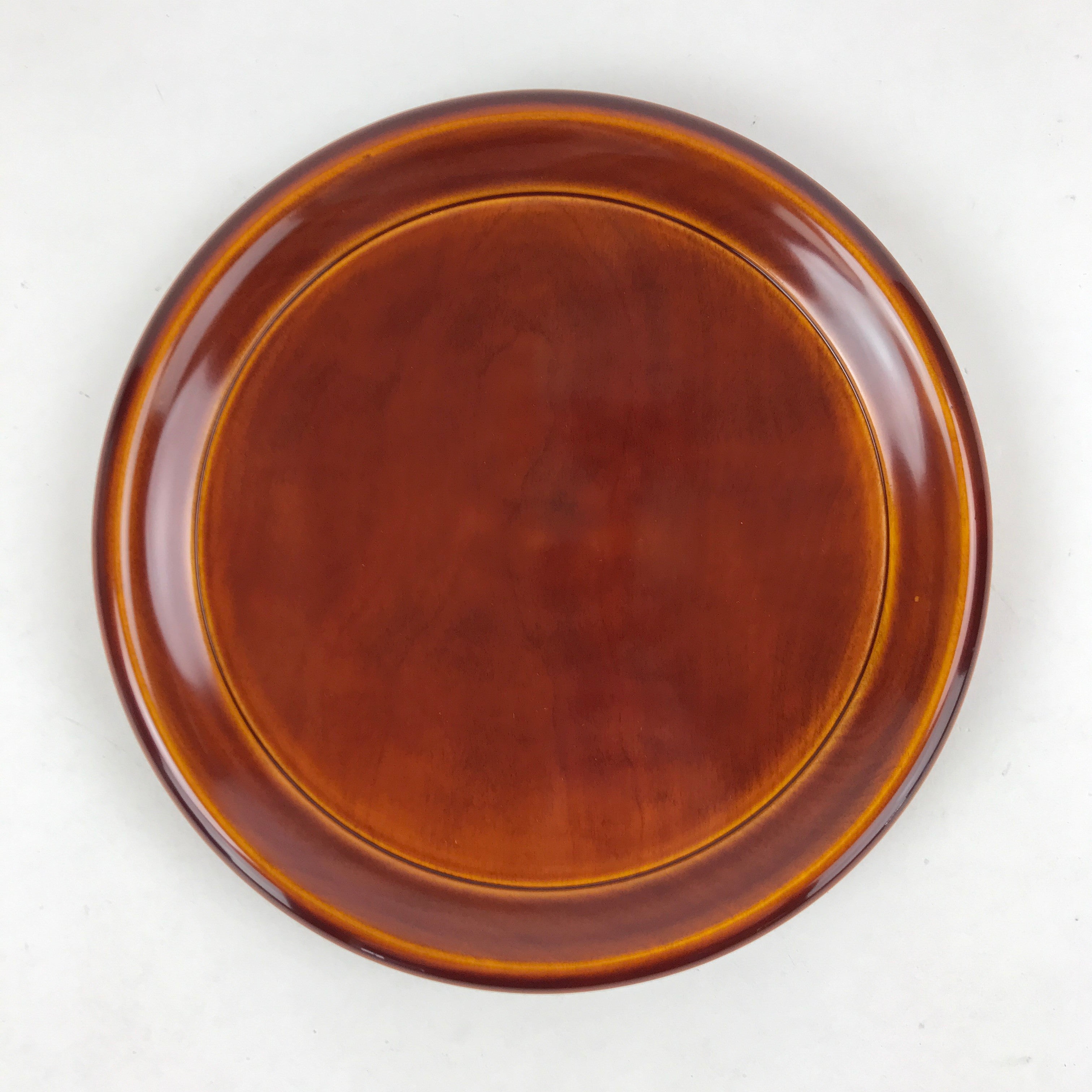 Japanese Brushed Lacquer Wooden Serving Tray Vtg Shunkei Round Obon Brown L35