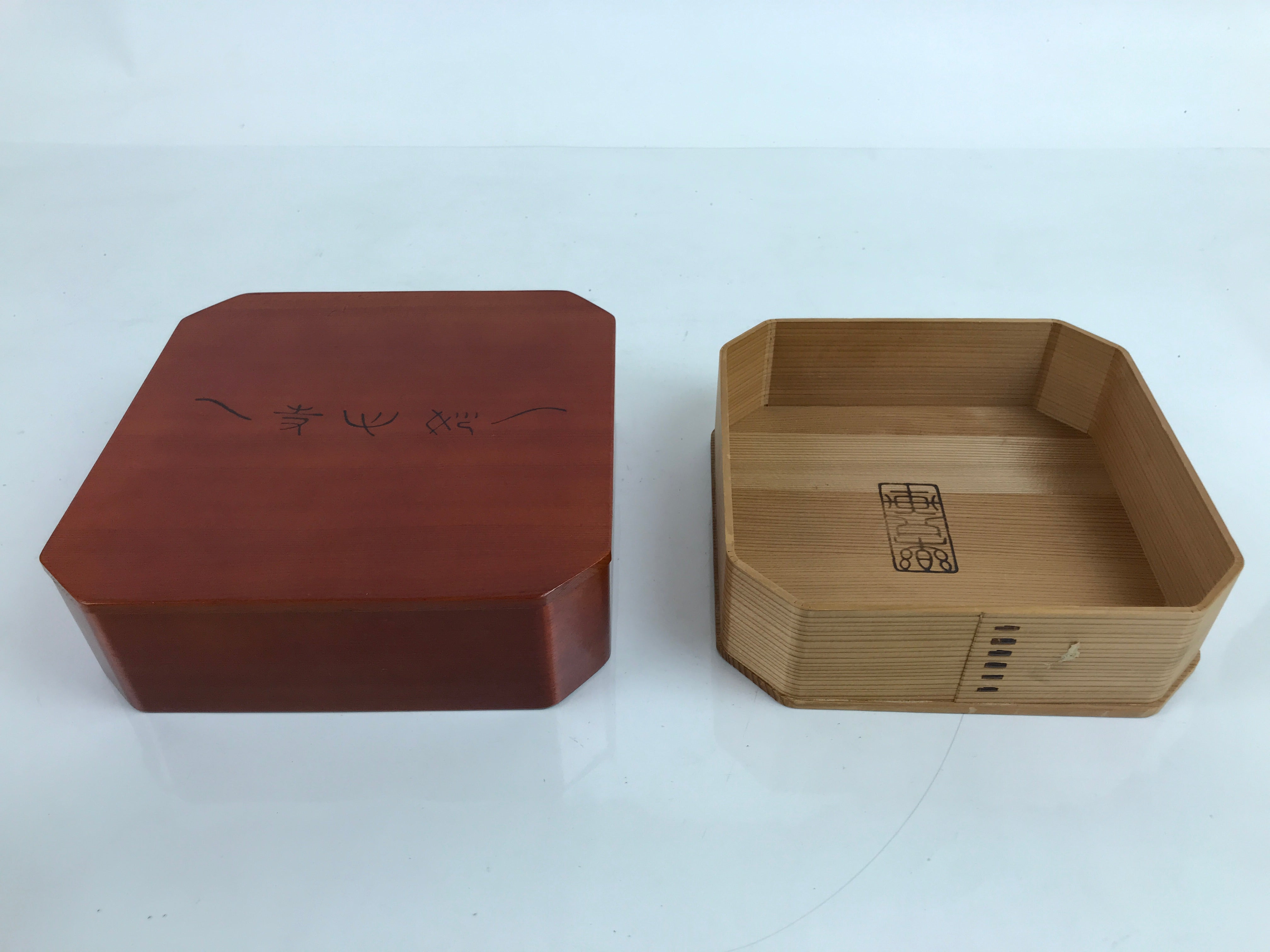 Japanese Brushed Lacquered Wood Box Vtg Square Bento Box Brown W/ Lid L324