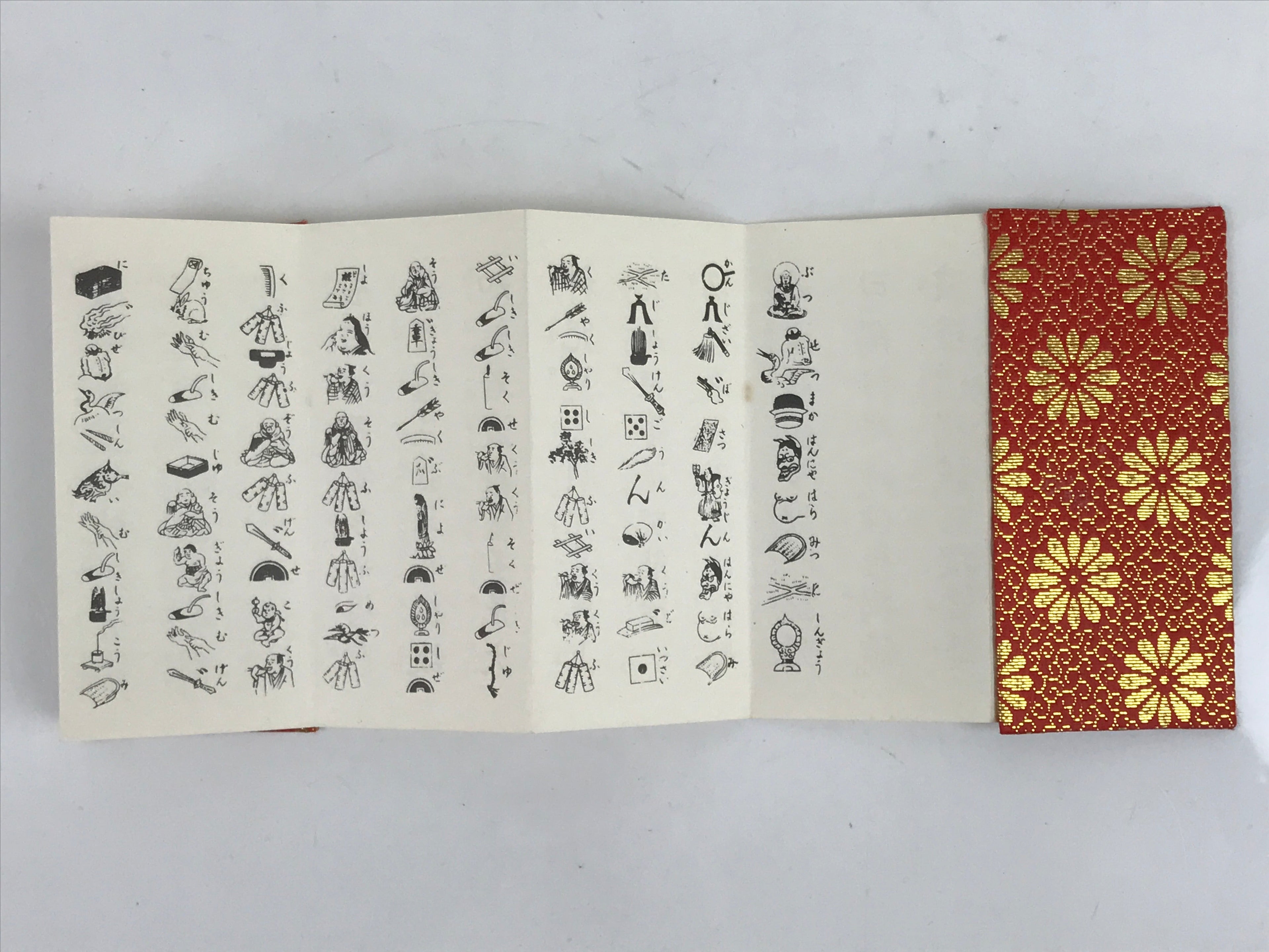 Japanese Buddhist Accordion Book Vtg Heart Sutra Gold Chrysanthemum Red BA518
