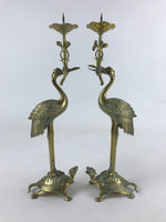 Japanese Buddhist Altar Brass Candle Stand Shokudai Vtg 2pc Crane Turtle BA91