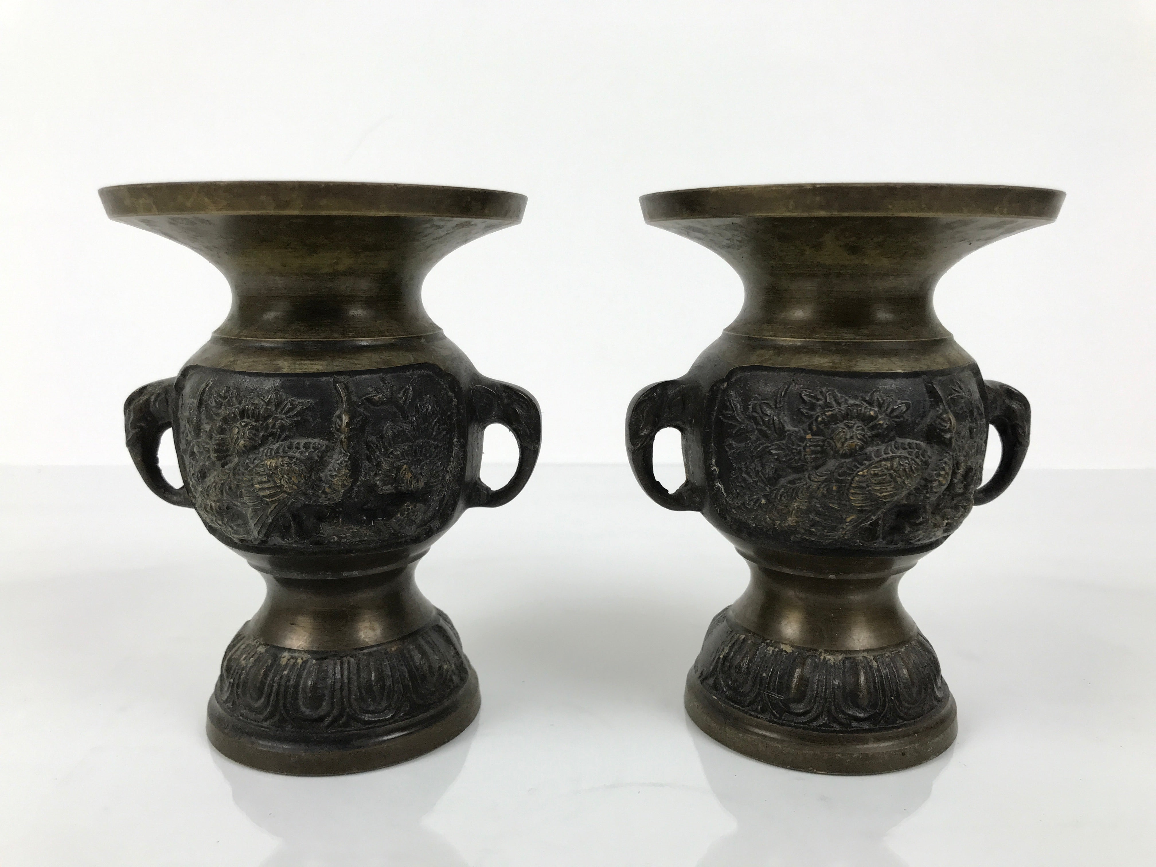 Japanese Buddhist Altar Bronze Metal Flower Vase 2pc Hanatate Brown Birds BA778