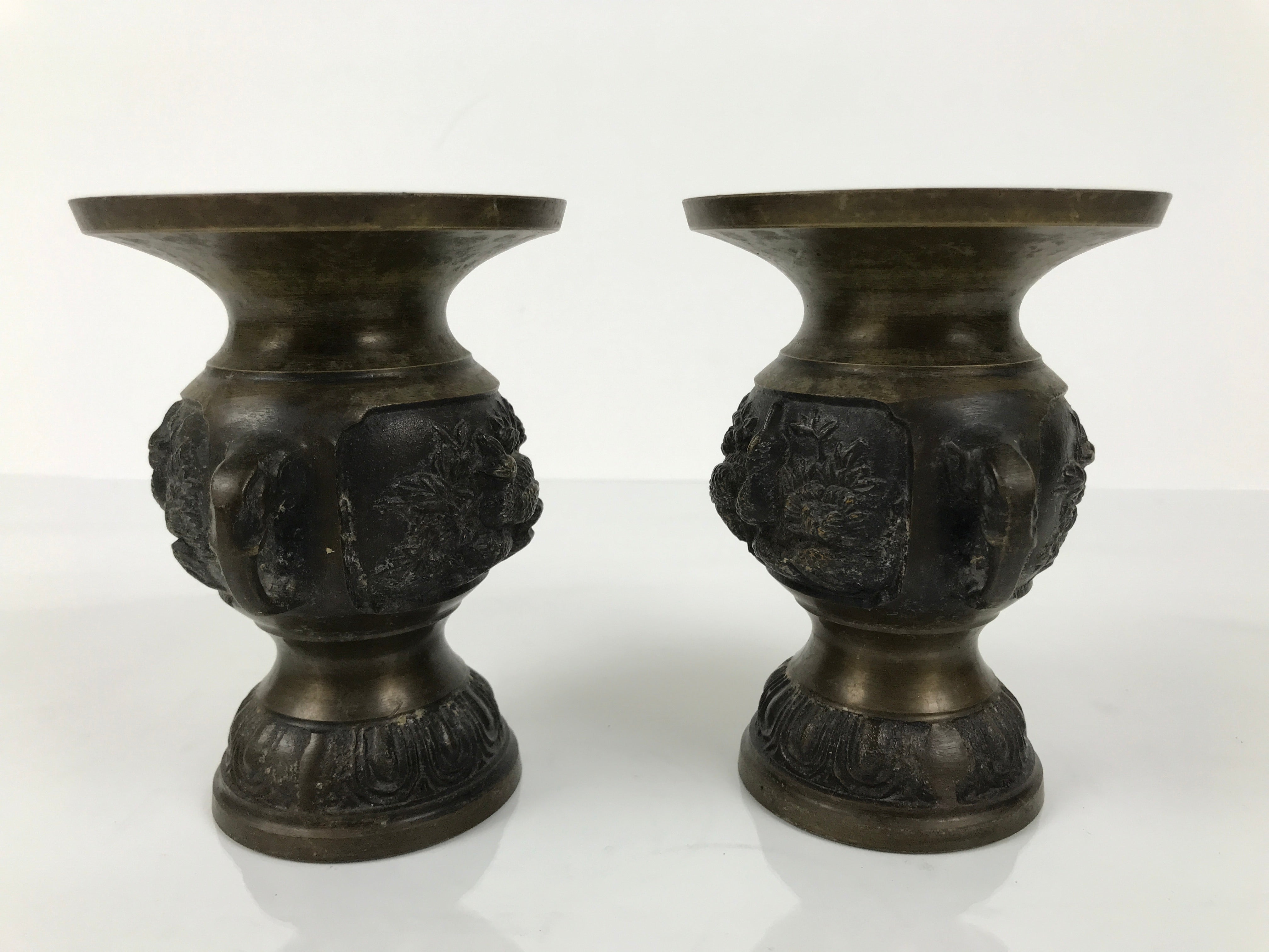 Japanese Buddhist Altar Bronze Metal Flower Vase 2pc Hanatate Brown Birds BA778