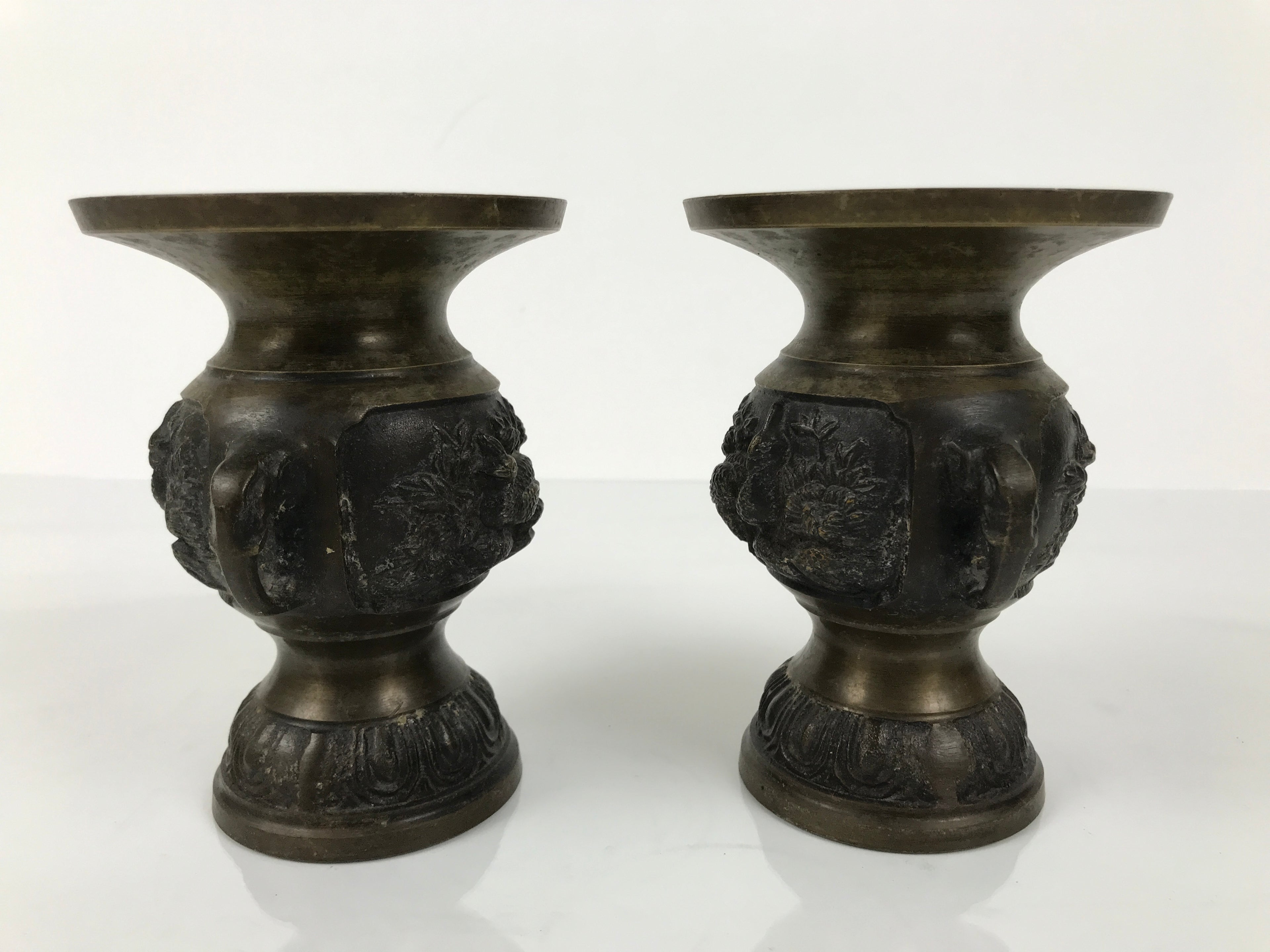 Japanese Buddhist Altar Bronze Metal Flower Vase 2pc Hanatate Brown Birds BA778