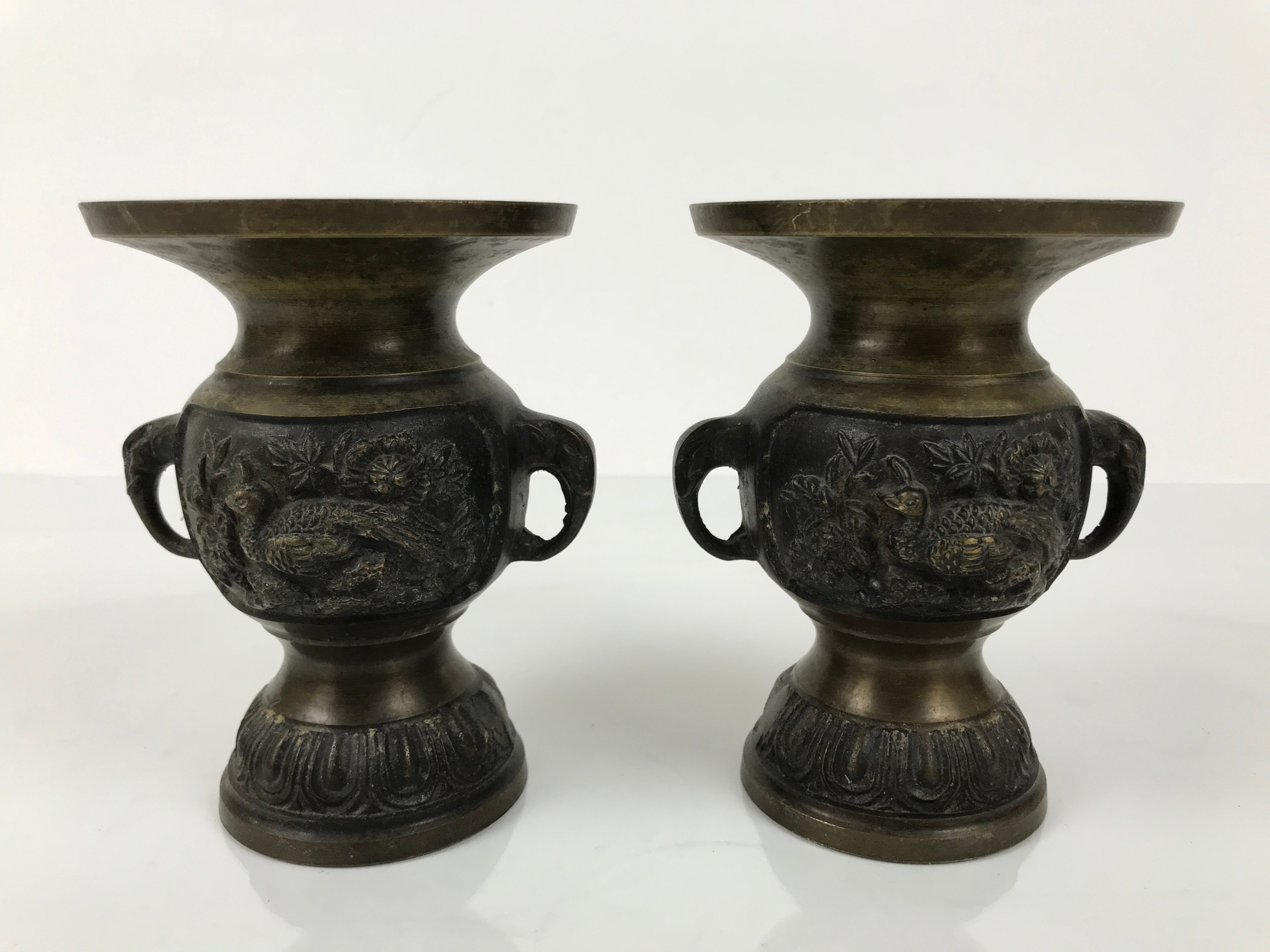 Japanese Buddhist Altar Bronze Metal Flower Vase 2pc Hanatate Brown Birds BA778