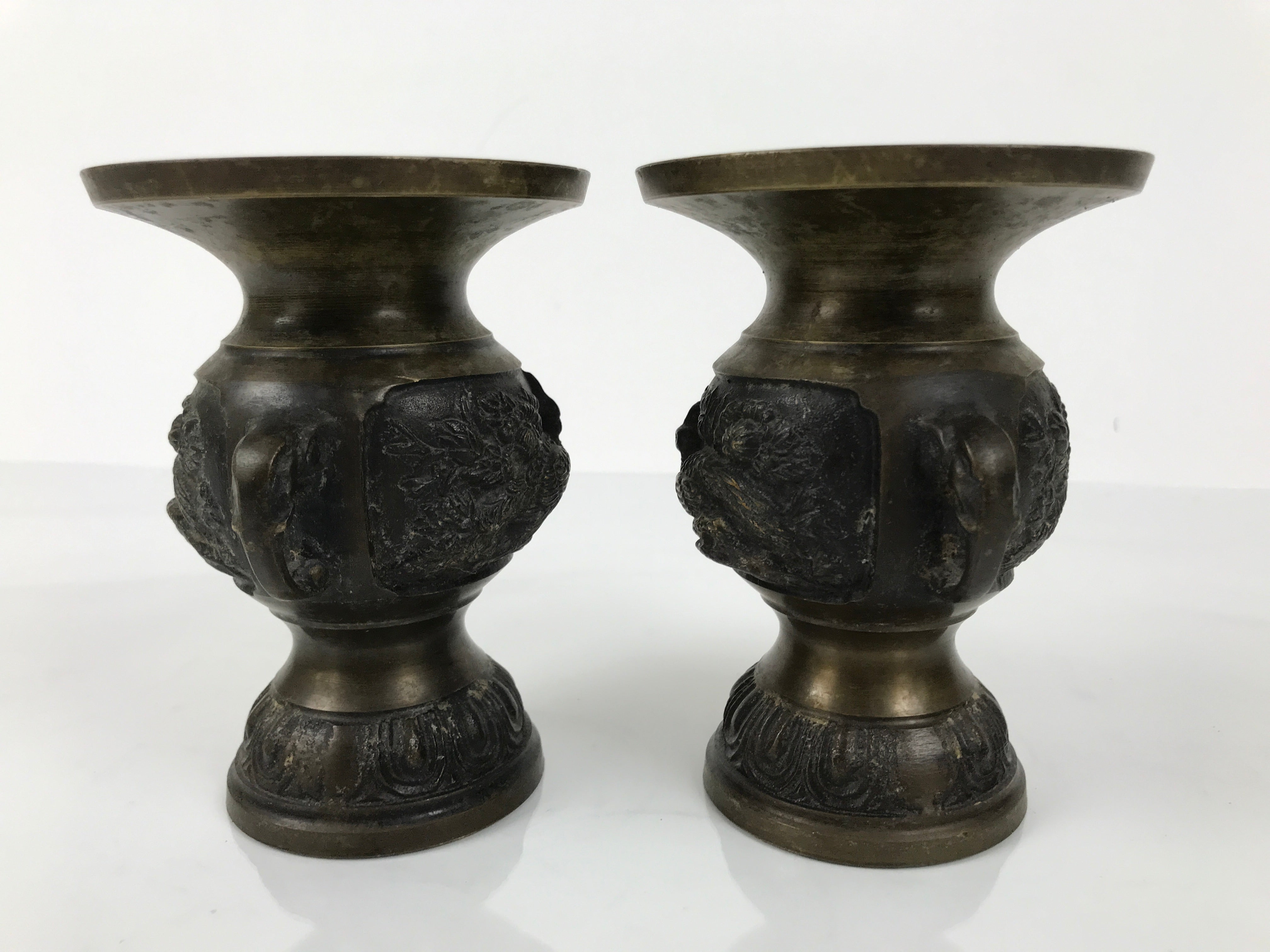Japanese Buddhist Altar Bronze Metal Flower Vase 2pc Hanatate Brown Birds BA778