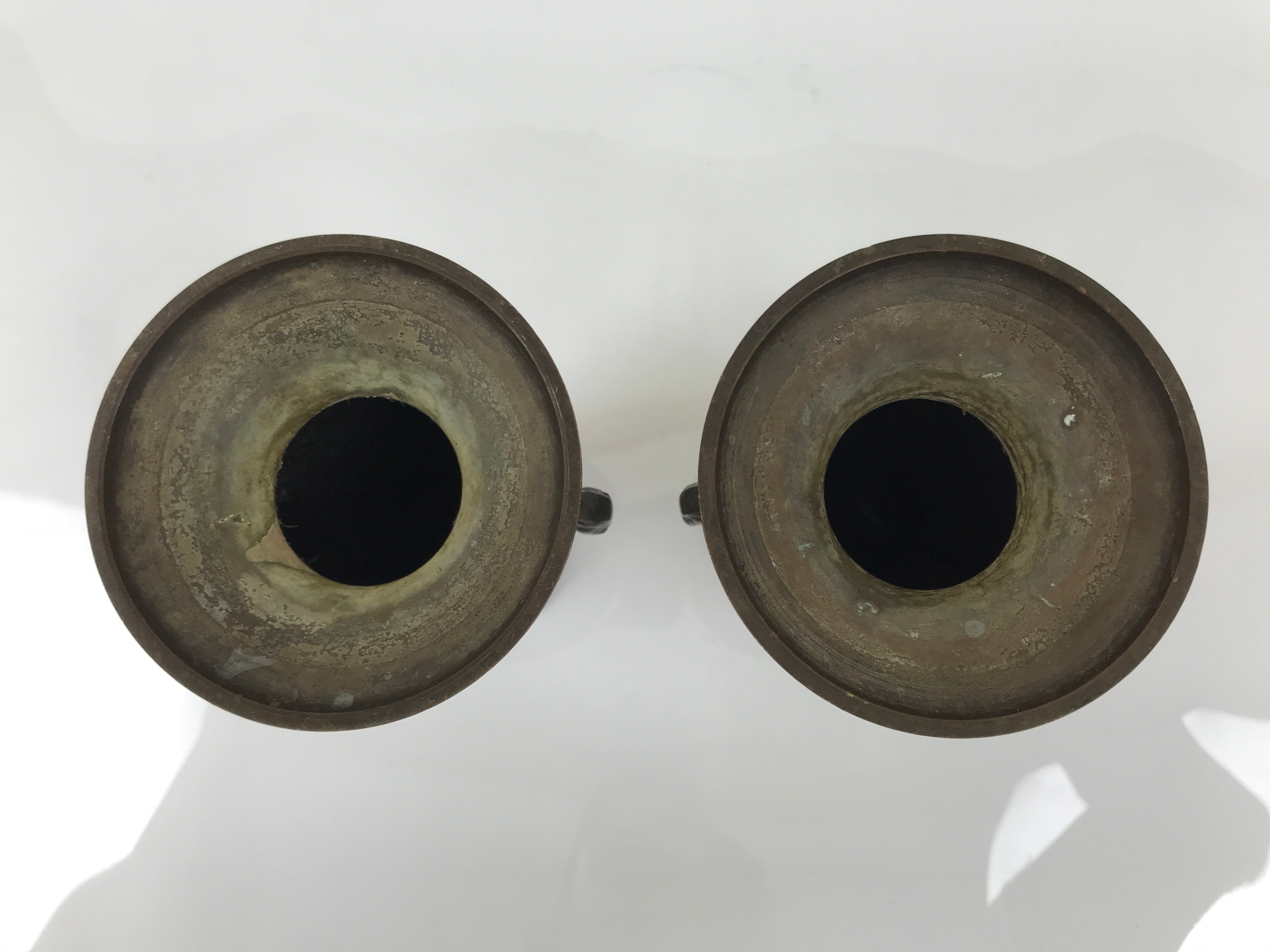 Japanese Buddhist Altar Bronze Metal Flower Vase 2pc Hanatate Brown Birds BA778