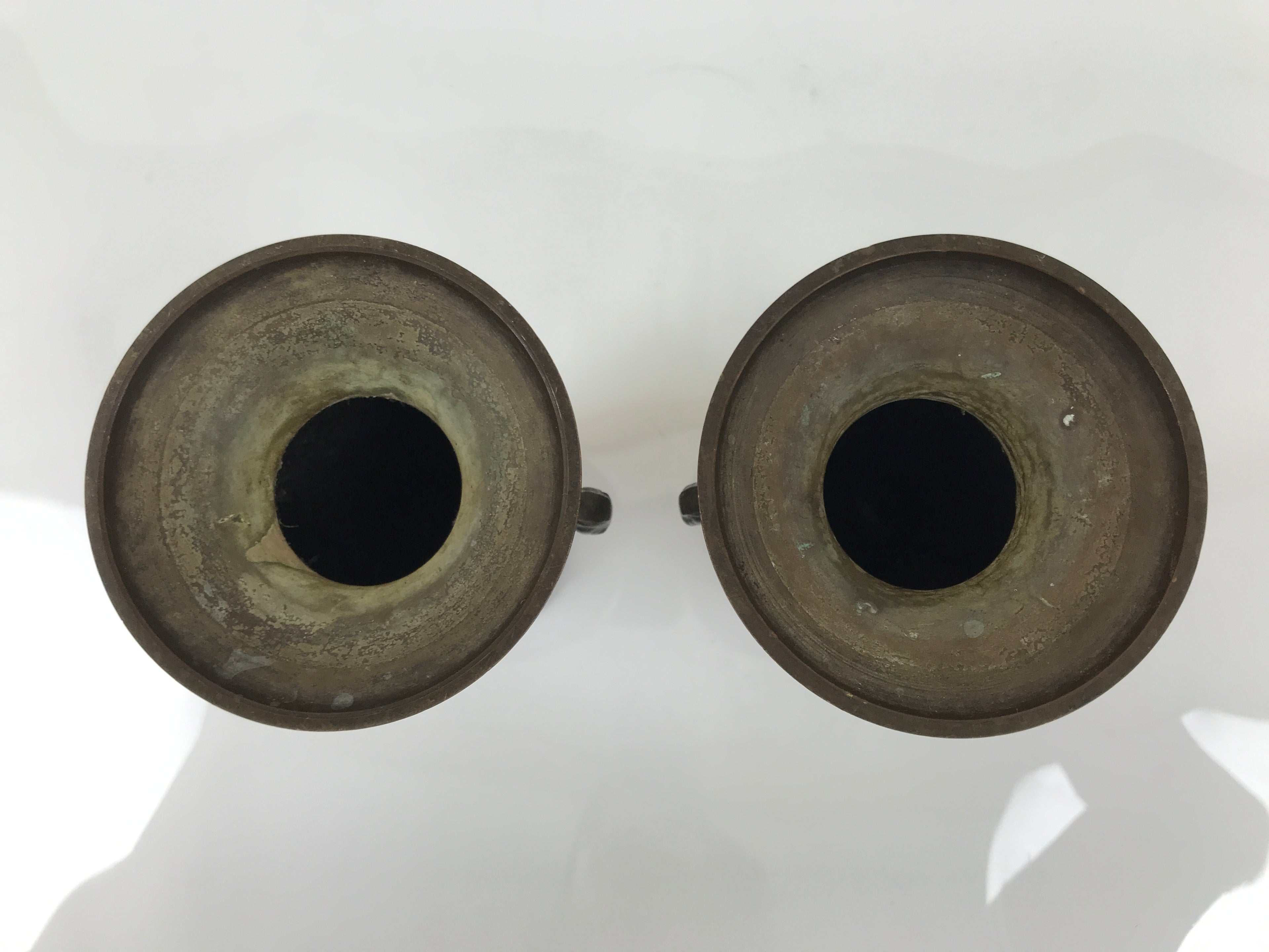 Japanese Buddhist Altar Bronze Metal Flower Vase 2pc Hanatate Brown Birds BA778