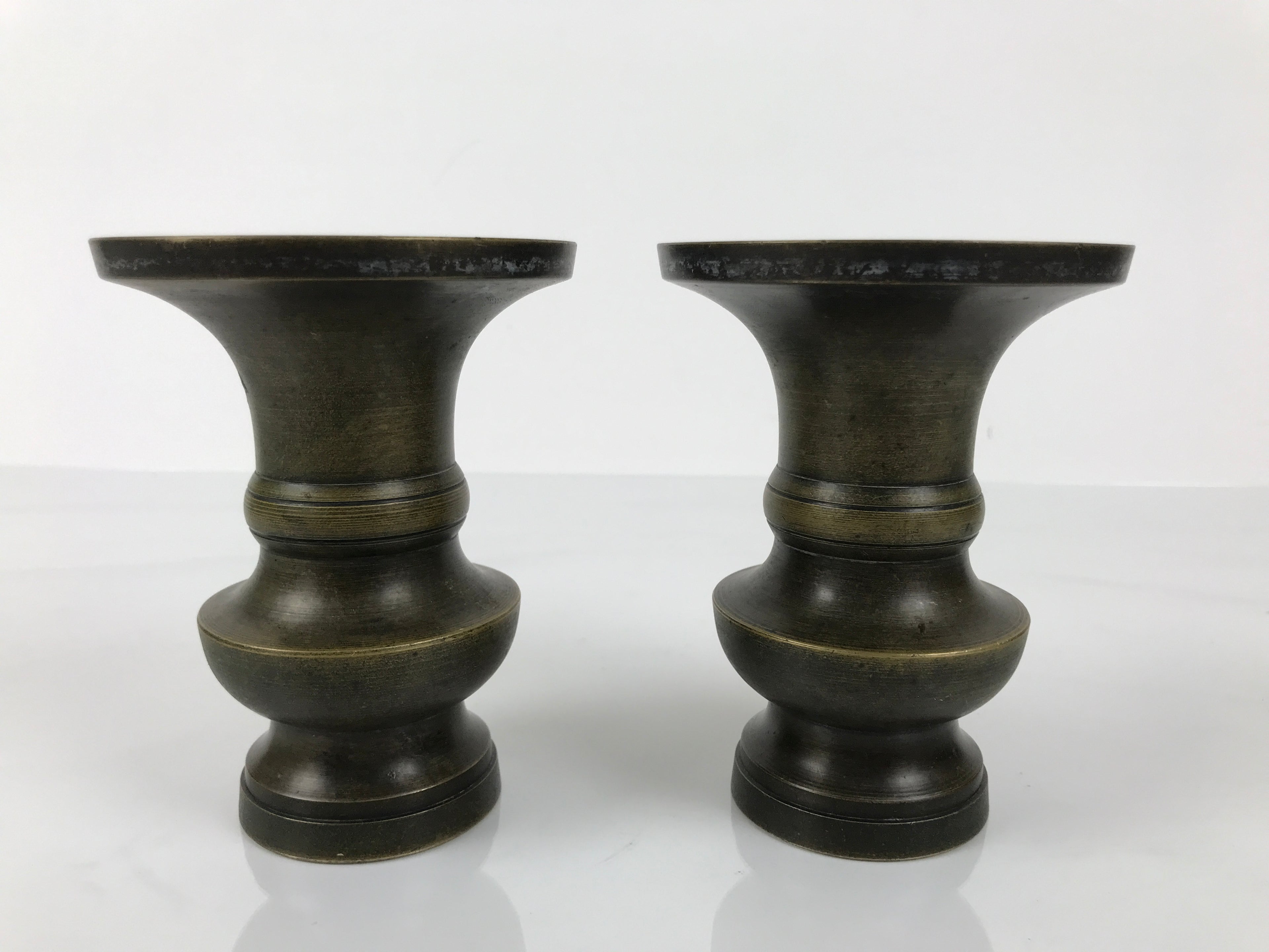 Japanese Buddhist Altar Bronze Metal Flower Vase Vtg 2pc Hanatate Brown BA765
