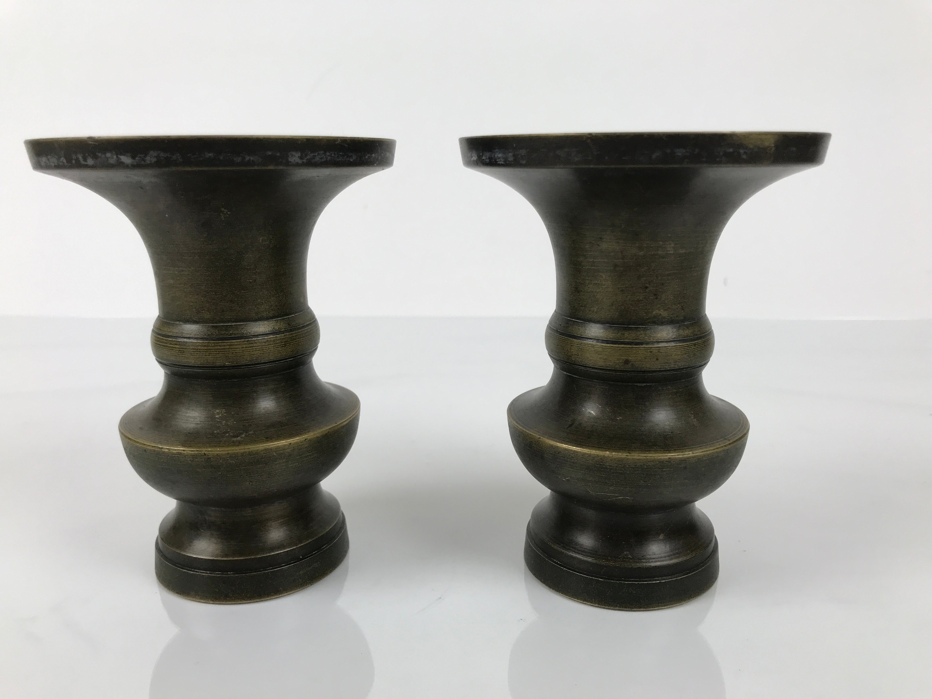 Japanese Buddhist Altar Bronze Metal Flower Vase Vtg 2pc Hanatate Brown BA765
