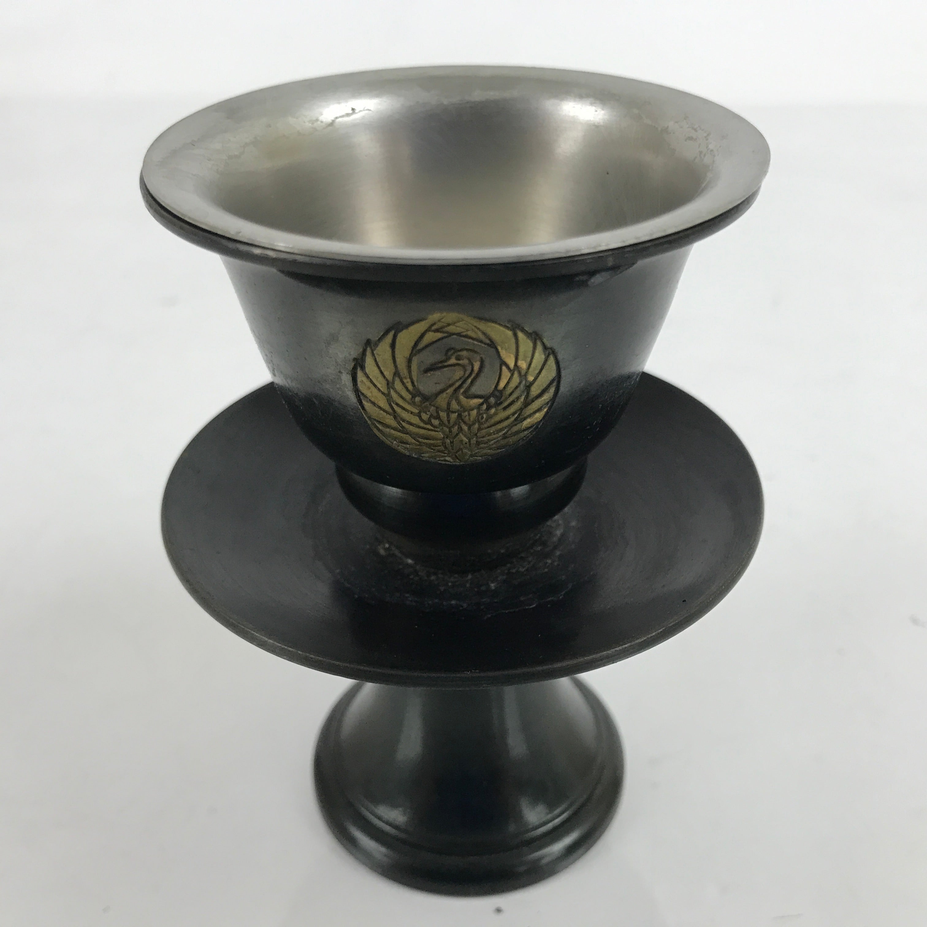 Japanese Buddhist Altar Bronze Water Offering Cup Tea Chaki Black Stand BA400