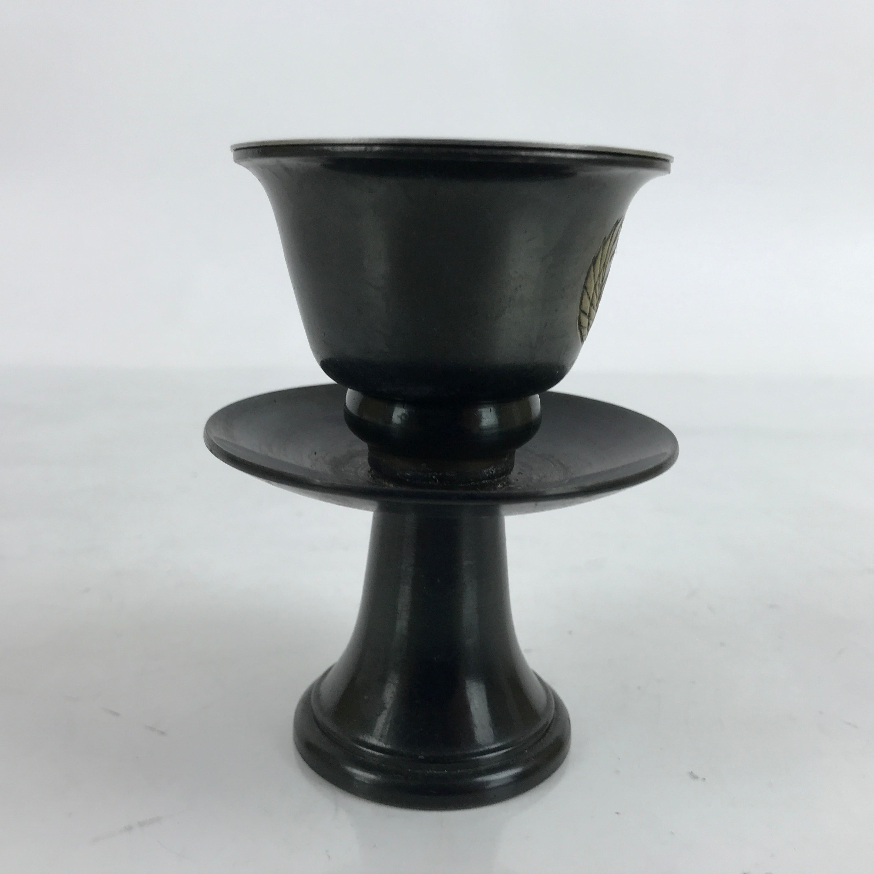 Japanese Buddhist Altar Bronze Water Offering Cup Tea Chaki Black Stand BA400