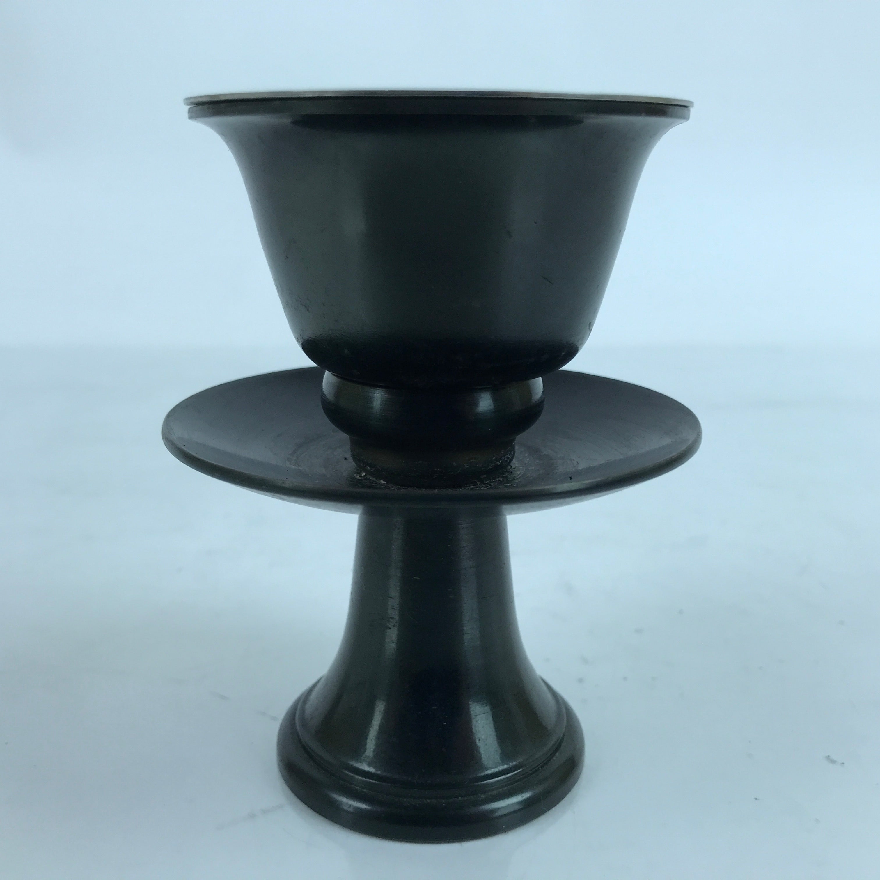 Japanese Buddhist Altar Bronze Water Offering Cup Tea Chaki Black Stand BA400