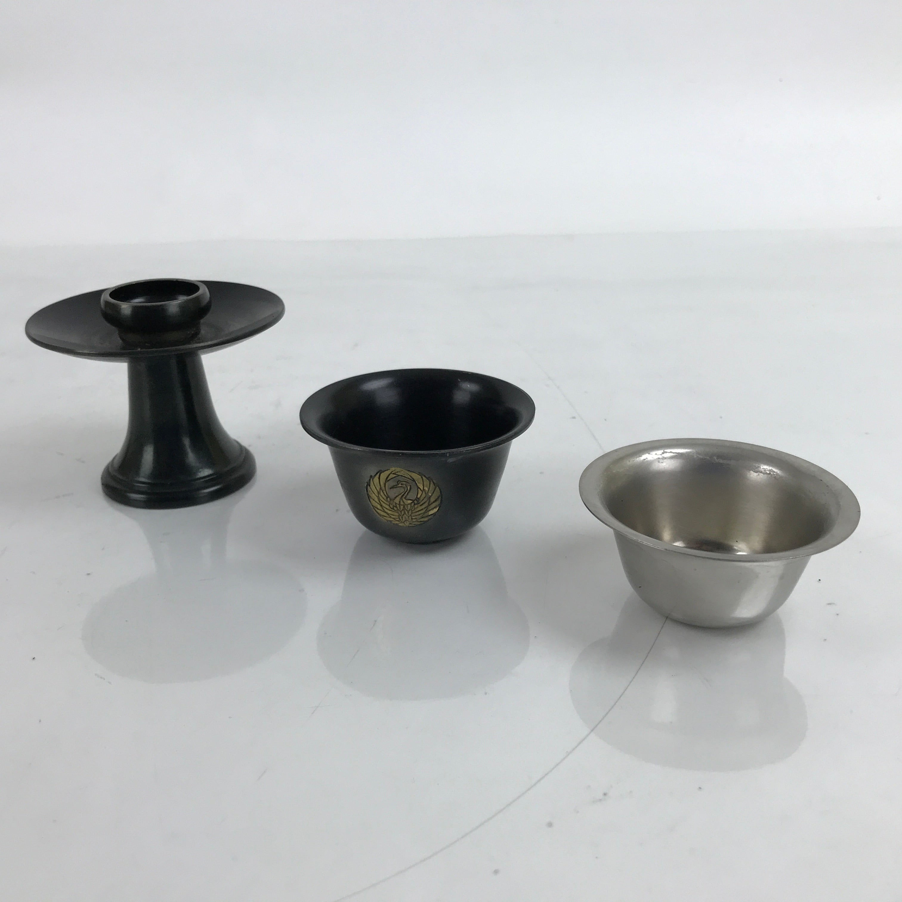 Japanese Buddhist Altar Bronze Water Offering Cup Tea Chaki Black Stand BA400