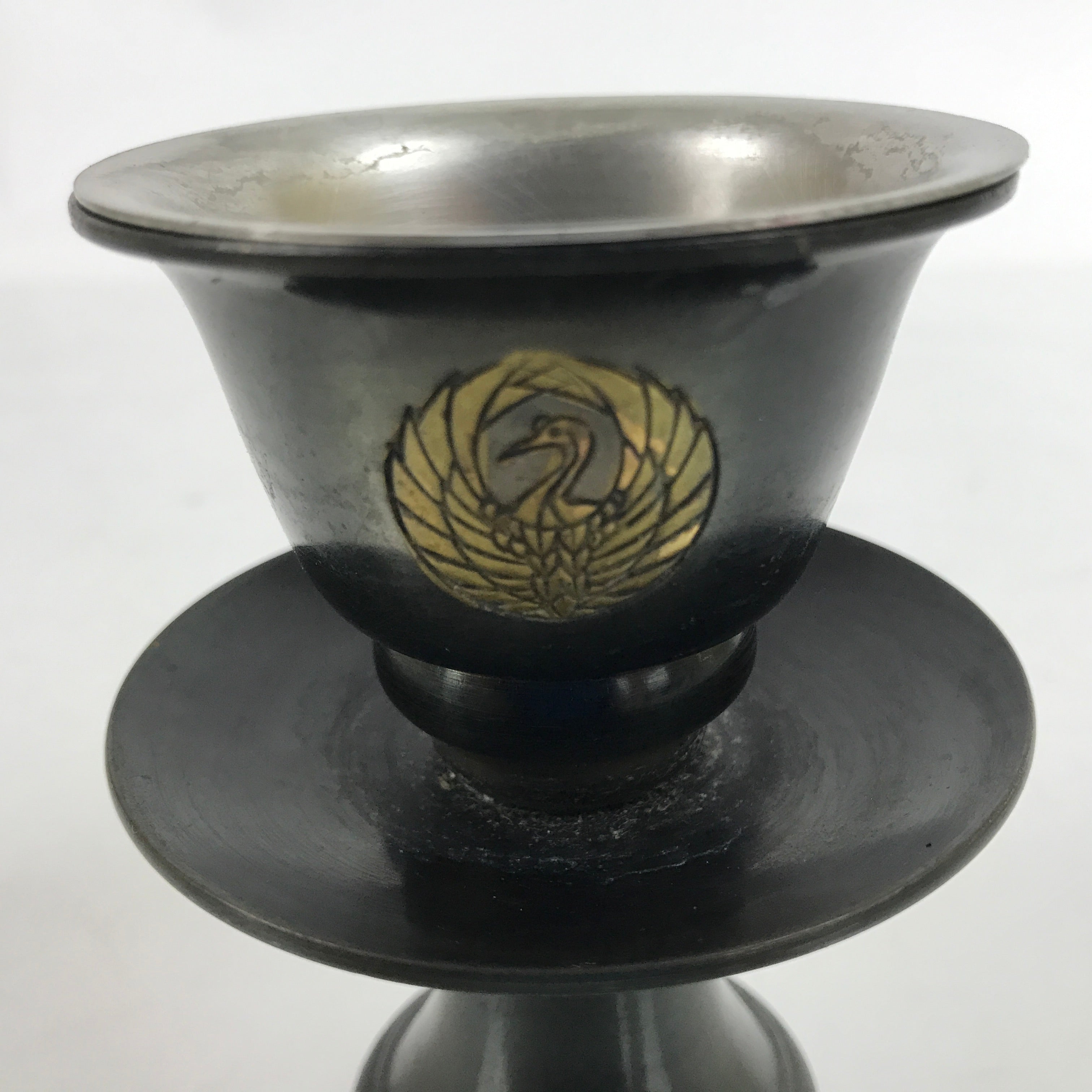 Japanese Buddhist Altar Bronze Water Offering Cup Tea Chaki Black Stand BA400