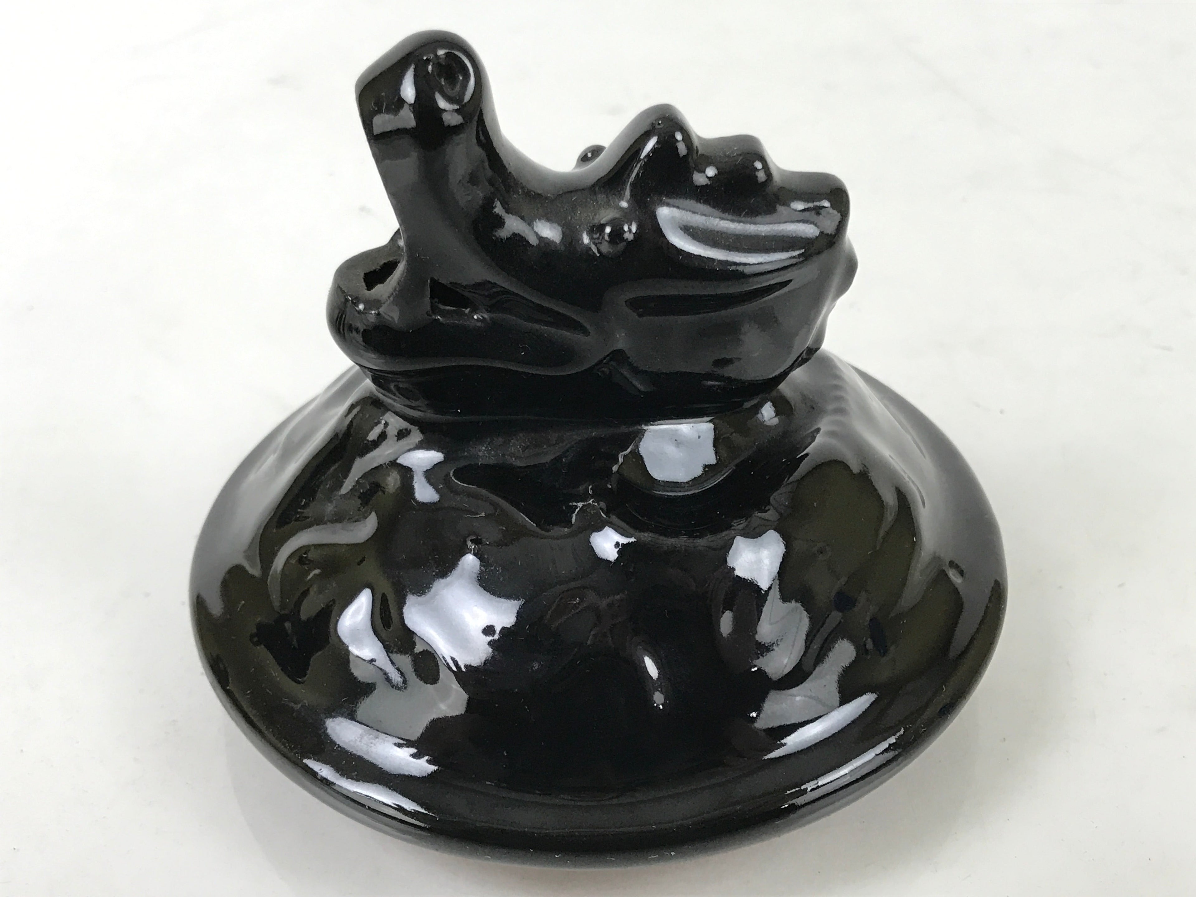 Japanese Buddhist Altar Ceramic Incense Burner Koro Vtg Black Dragon Brown BA544