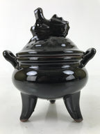 Japanese Buddhist Altar Ceramic Incense Burner Koro Vtg Black Dragon Brown BA544