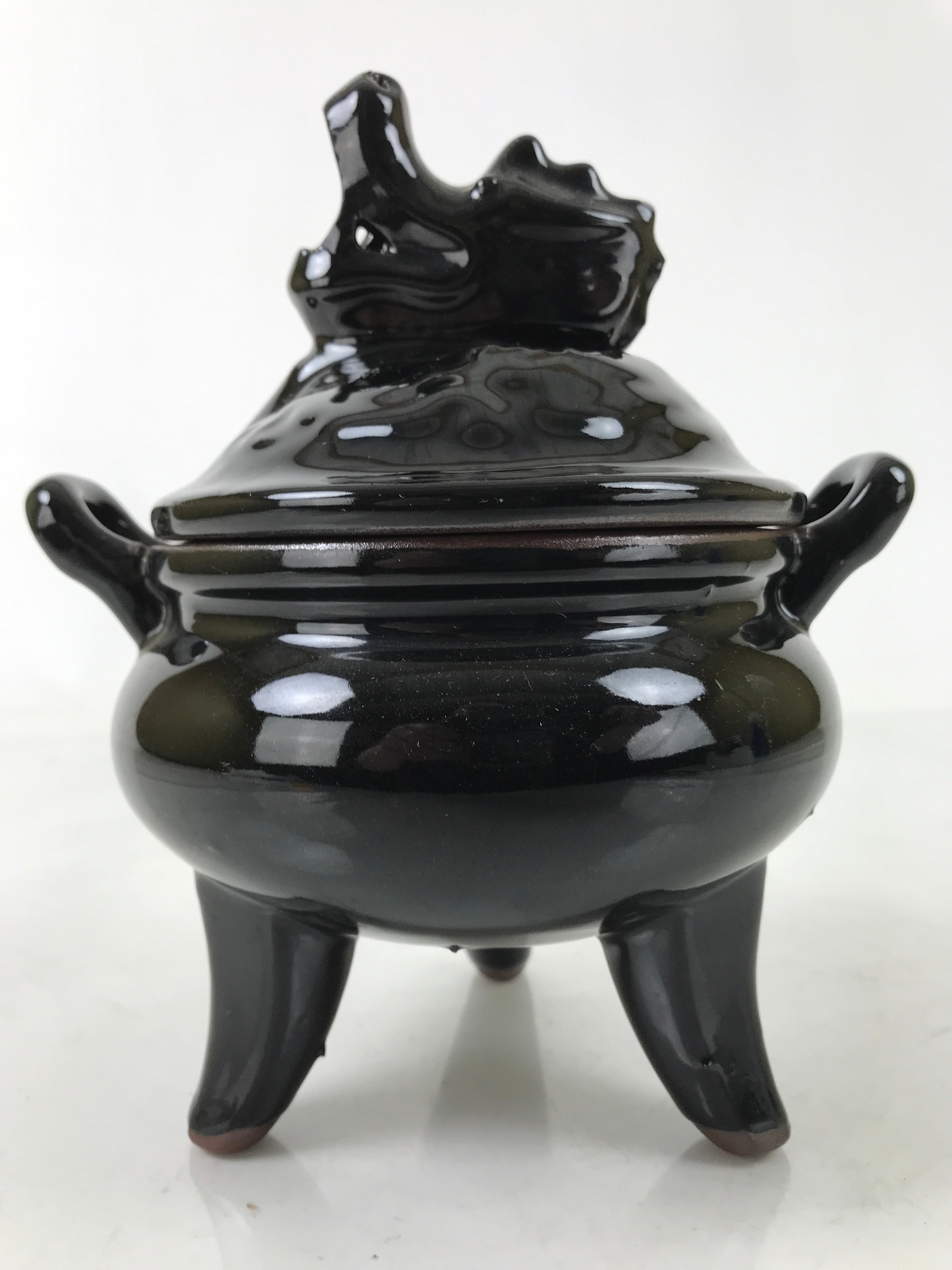 Japanese Buddhist Altar Ceramic Incense Burner Koro Vtg Black Dragon Brown BA544